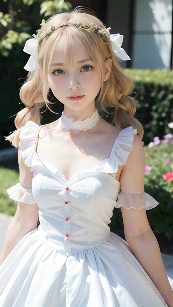 (ultra-detailliert), White cute princess dress,(frilly dress),(shortsleeves),Blue eyes,The upper part of the body、a closeup、faces、Lovely smile,facing front, 20yr old, teens girl,no tail,(no tail),2D, ​masterpiece, top-quality, animesque, A detailed eye, A detailed face, girl with, Only 1 person,Blonde medium hair, (a blond),  Ear Hair, small tits, Single braid, (Single braid), (Side braid), Pink ribbon, Ribbon around the neck, (White sleeves), Background bokeh