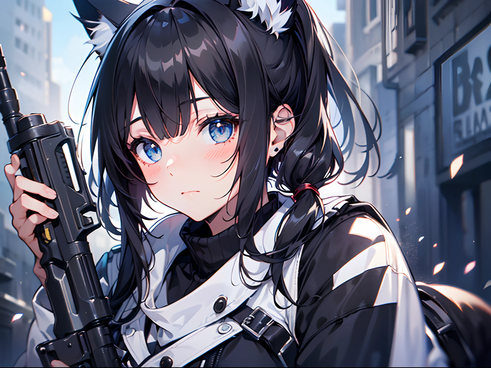 (masterpiece, best quality:1.3), 1girl, solo, animal_ears, deep_blue_eyes, low twintails, closed mouth, cat_ears, (black_hair:1.5), blush, animal_ear_fluff, side viewer, long_hair, bangs, soldier clothes, upper_body, carrying long gun, cowboy_shot=(Face through_thighs), with zombie