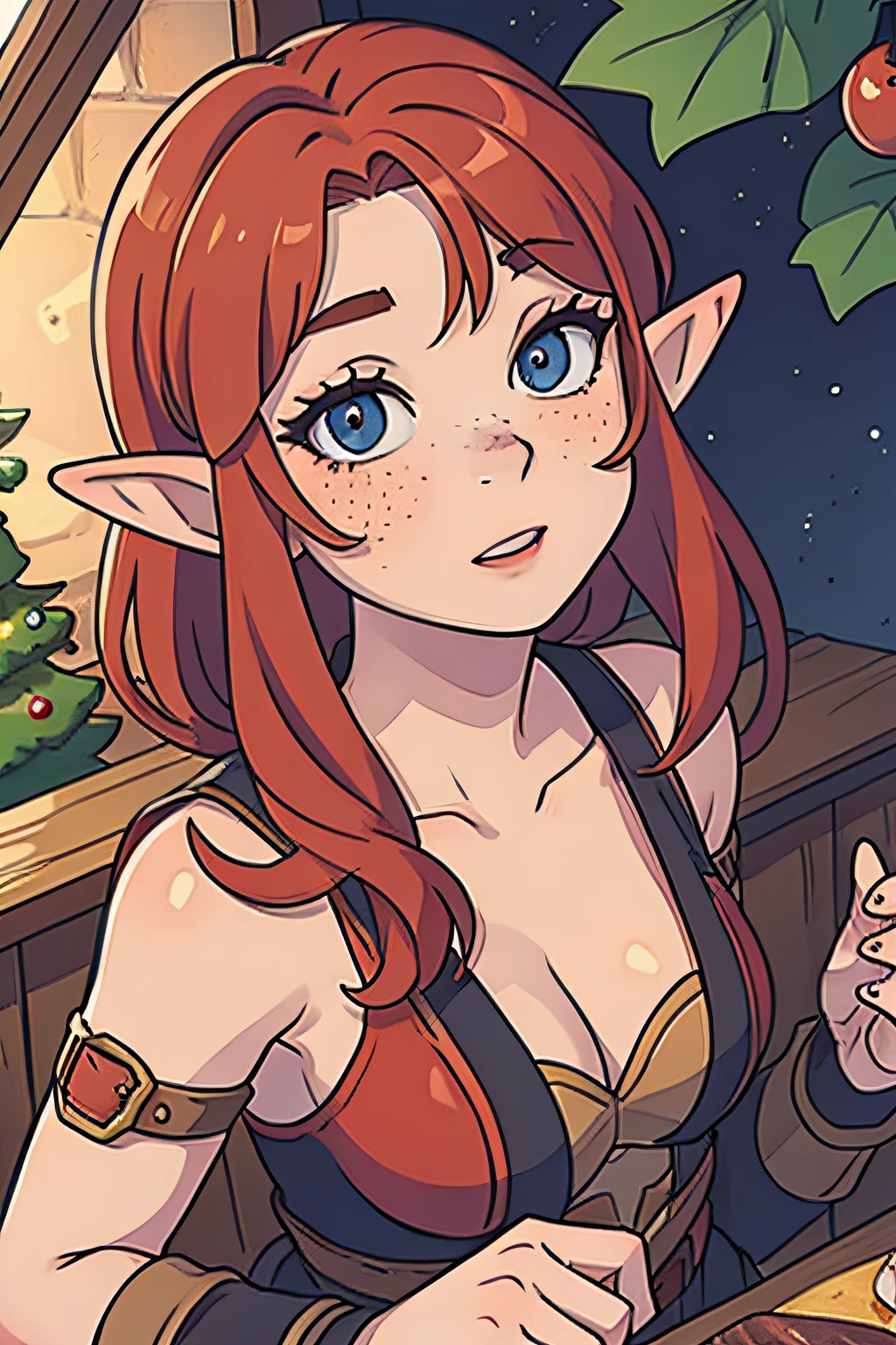 Elf girl sitting in tavern, sitting on stool, short ginger hair, brown eyes, green medieval outfit, smiling, looking at viewer,
