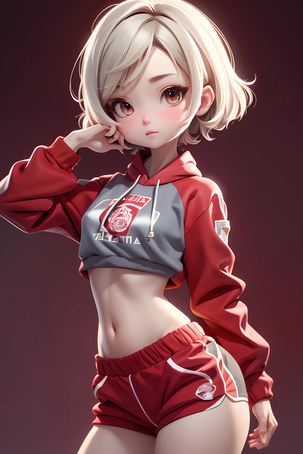 Masterpiece, Best quality, 8K, Cinematic light, 超高分辨率, tchibi, 1girll,full bodyesbian,Russian，extra very short hair，silber hair，boxer，Red sweatshirt