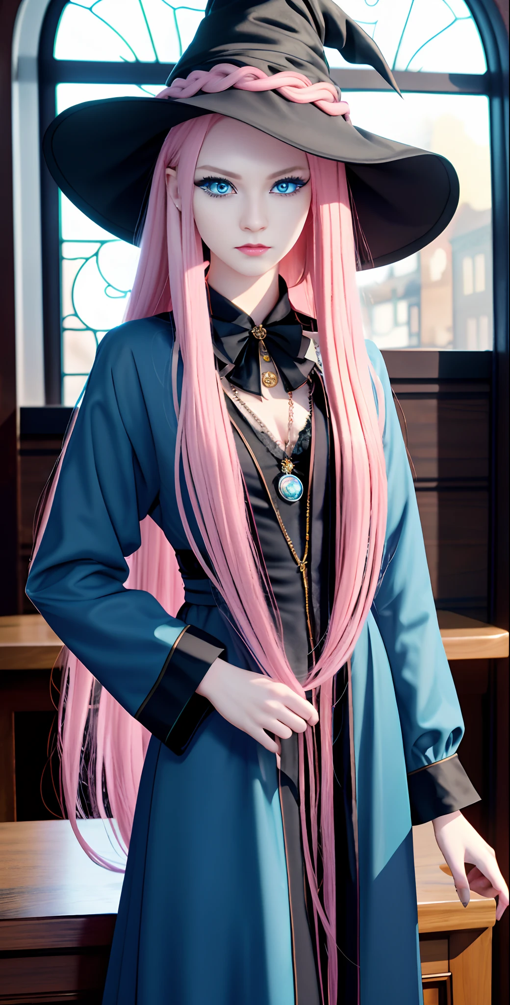 masterpiece, top-quality, Adults, different color, finely eye and detailed face, intricate detailes, Wizarding World Costumes, Inside the coffee shop, During the walk, A smile, Happiness, tenderness, youthfulness, high-level image quality、Beautuful Women、tall、window、𝓡𝓸𝓶𝓪𝓷𝓽𝓲𝓬、Englishman, Idol Photos, k pop, Professional Photos, ((the witch)), Fedoman with necklace, inspired by Sim Sa-jeong, androgynous vampire, :9 detailed face: 8, extra detailed face, detailed punk hair, ((Light blue eyes)) baggy eyes, Seductive. Highly detailed, semi realistic anime, Vampires, hyperrealistic teen, Delicate androgynous witch, imvu, Woman with long hair, Woman with a gentle expression, ((Woman with pretty long pink hair and light blue eyes)),
