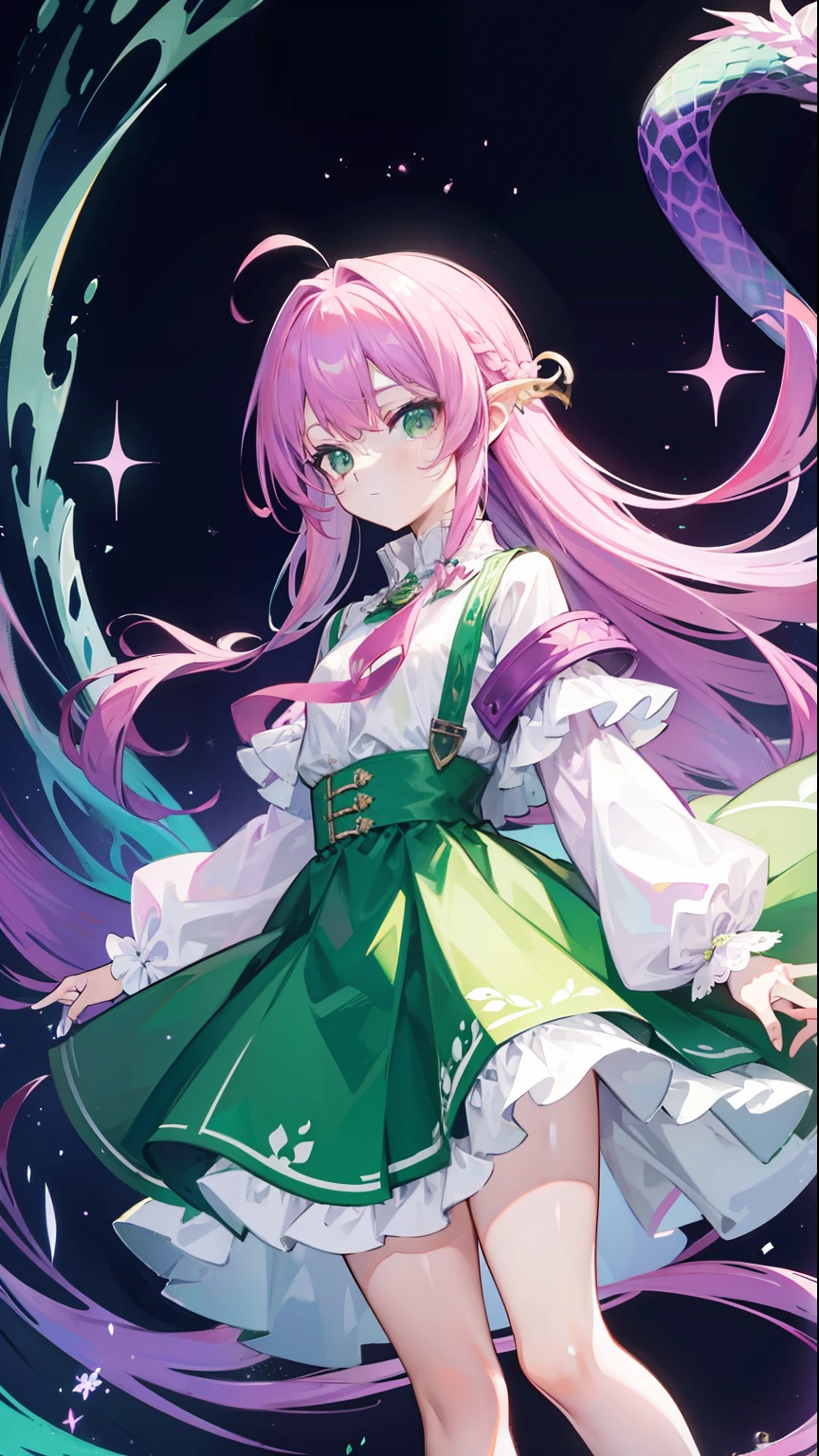 Contains purple-pink hair and green,White and green plain clothes,It is a beautiful snake and dragon fairy
