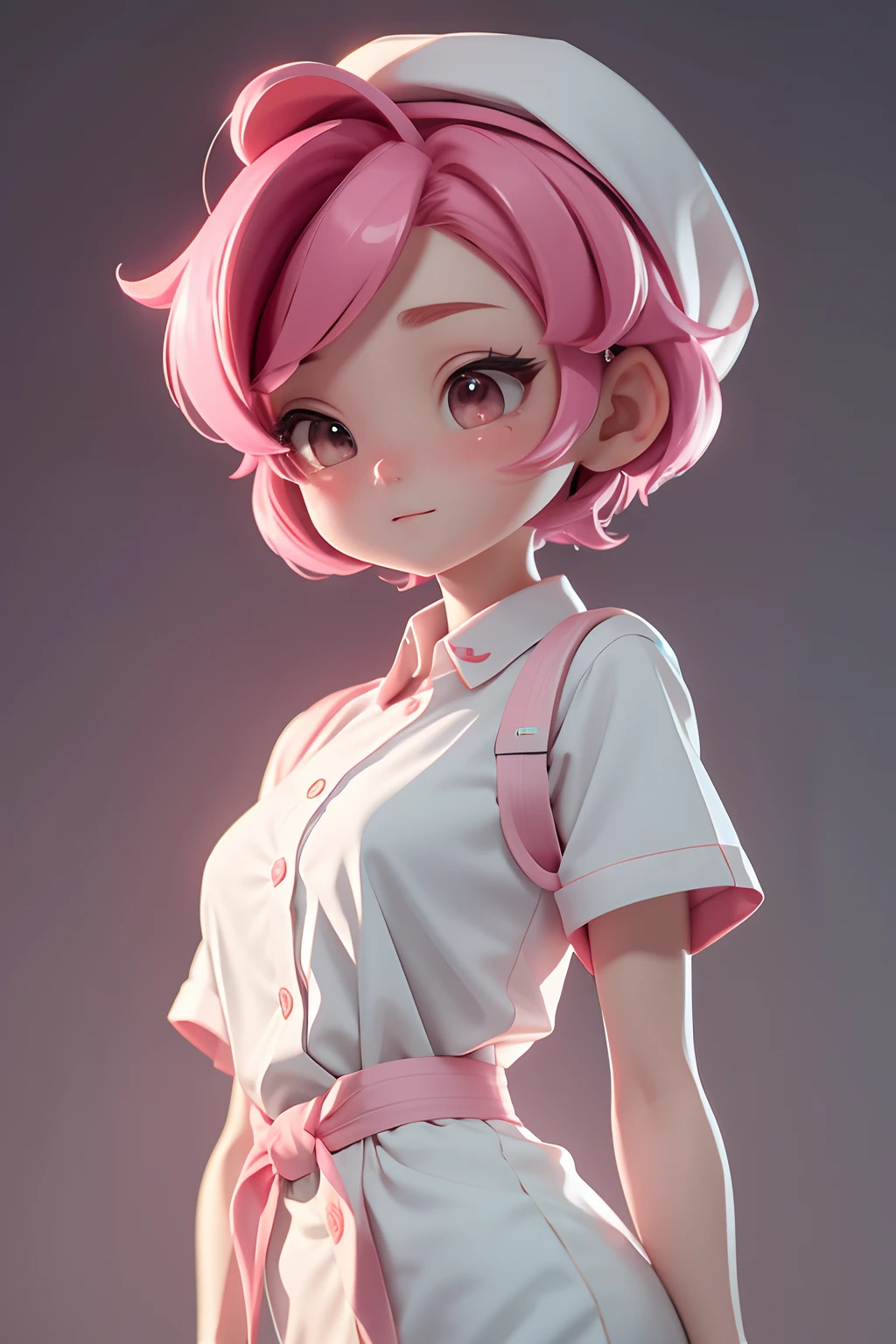 Masterpiece, Best quality, 8K, Cinematic light, 超高分辨率, tchibi,simplebackground, 1girll,full bodyesbian,Briton，short detailed hair，Pink hair，nurses