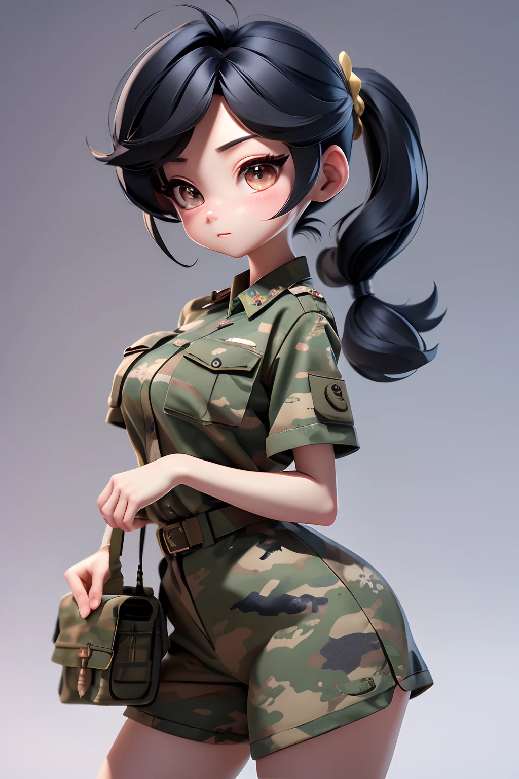 charact. full bodyesbian, Girl, taken, Smiles and refined eyes, full bodyesbian,simple backgound, best qualityer,chineseidol,black ponytail,short- sleeved,camouflage uniform
