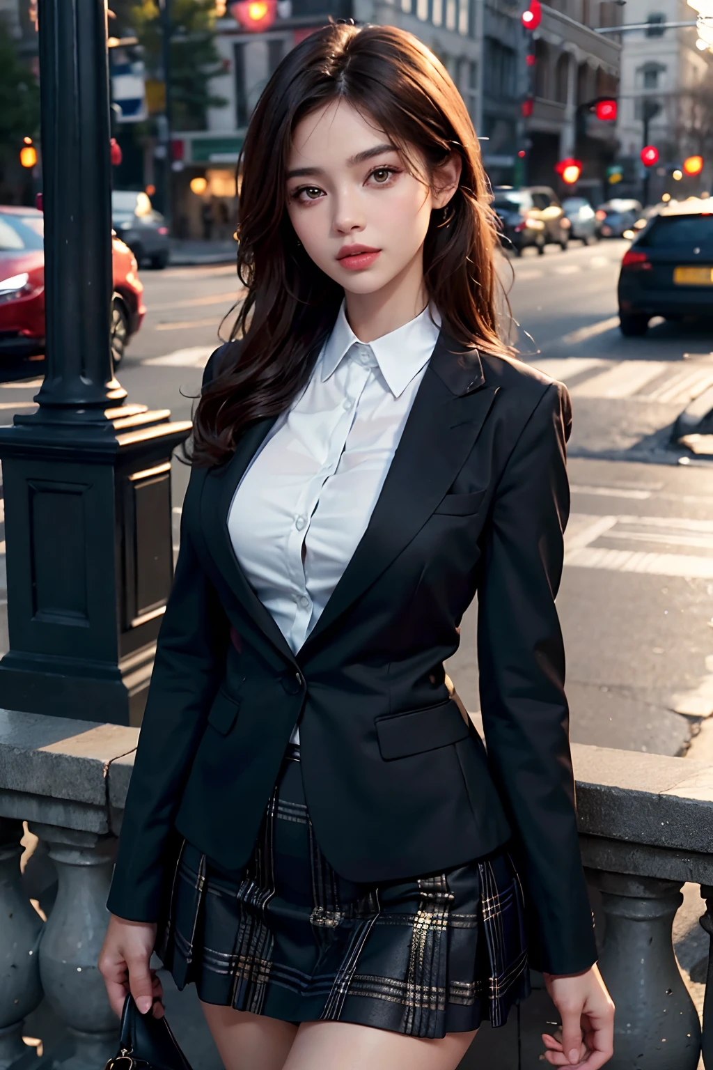 best quality, masterpiece, 1girl, Beautiful face, (photo realistic:1.3), rim lighting, (high detailed skin:1.2), 8k uhd, dslr, high quality, high resolution, 4k, 8k, Bokeh, absurdres, best ratio four finger and one thumb, (realistic:1.3), cute 1girl, wearing black formal blazer, medium breasts, short skirt,