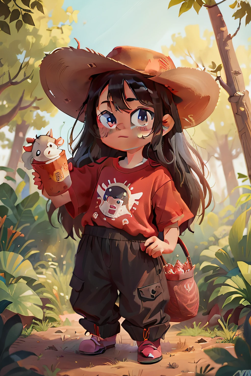 a 6 year old girl, with long black hair, vibrant brown eyes, wearing a jumpsuit, cowboy boots, cowboy hat and red t-shirt, petting the cow, close to the big cow