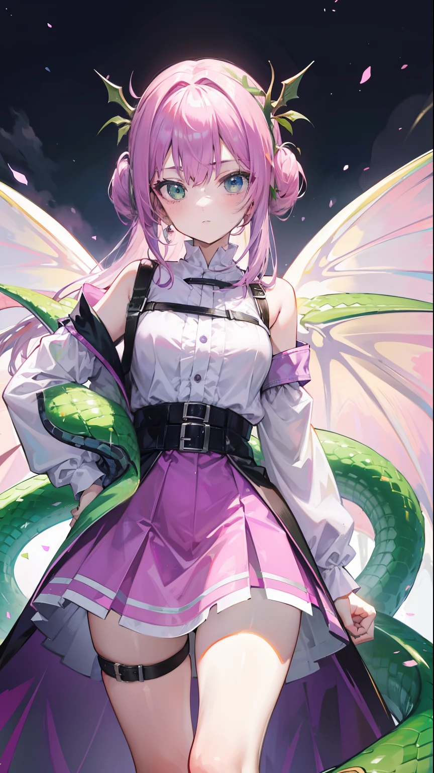 Contains purple-pink hair and green,White and green plain clothes,It is a beautiful snake and dragon fairy