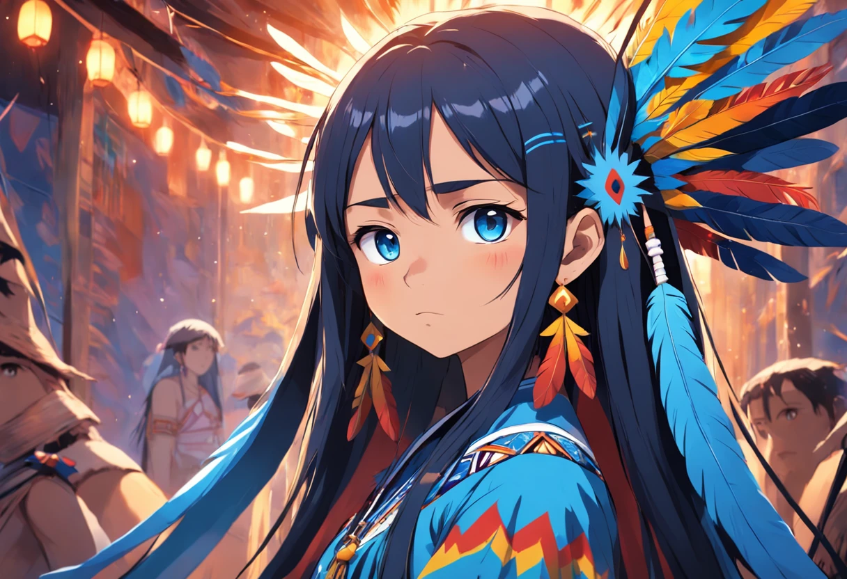 anime  indigenous Brazilian girl from the indigenous peoples of the amazon, traditional indigenous clothing, anime art style like an acrylic painting, long straight black hair, with blue eyes, traditional blue body paint from the indigenous peoples, fearless face, wearing rosary with cross around her neck along with colorful bird feathers