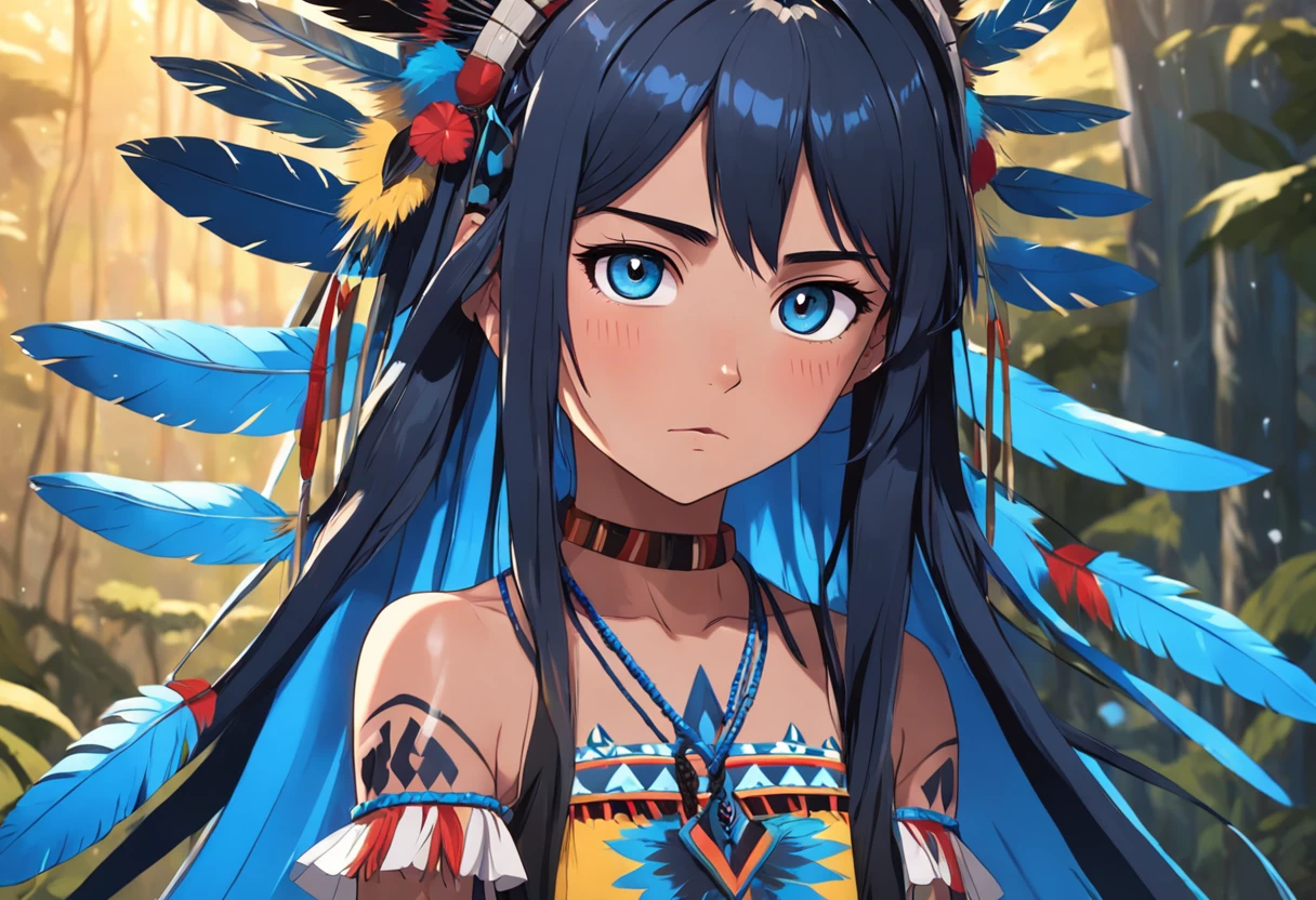 anime 12 year old indigenous Brazilian girl from the indigenous peoples of the amazon, traditional indigenous clothing, anime art style like an acrylic painting, long straight black hair, with blue eyes, traditional blue body paint from the indigenous peoples, fearless face, wearing rosary with cross around her neck along with colorful bird feathers