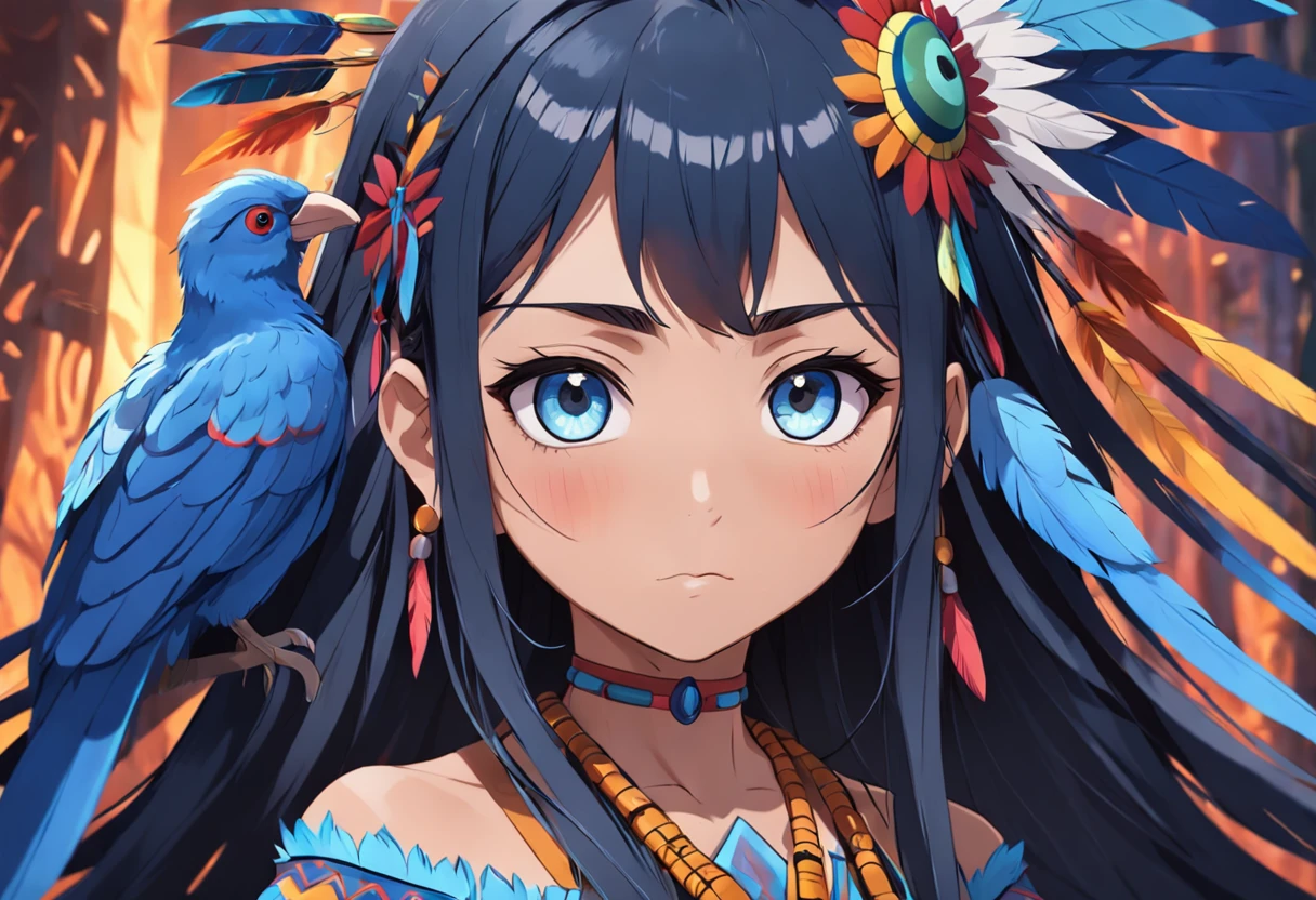 anime 12 year old indigenous Brazilian girl from the indigenous peoples of the amazon, traditional indigenous clothing, anime art style like an acrylic painting, long straight black hair, with blue eyes, traditional blue body paint from the indigenous peoples, fearless face, wearing rosary with cross around her neck along with colorful bird feathers