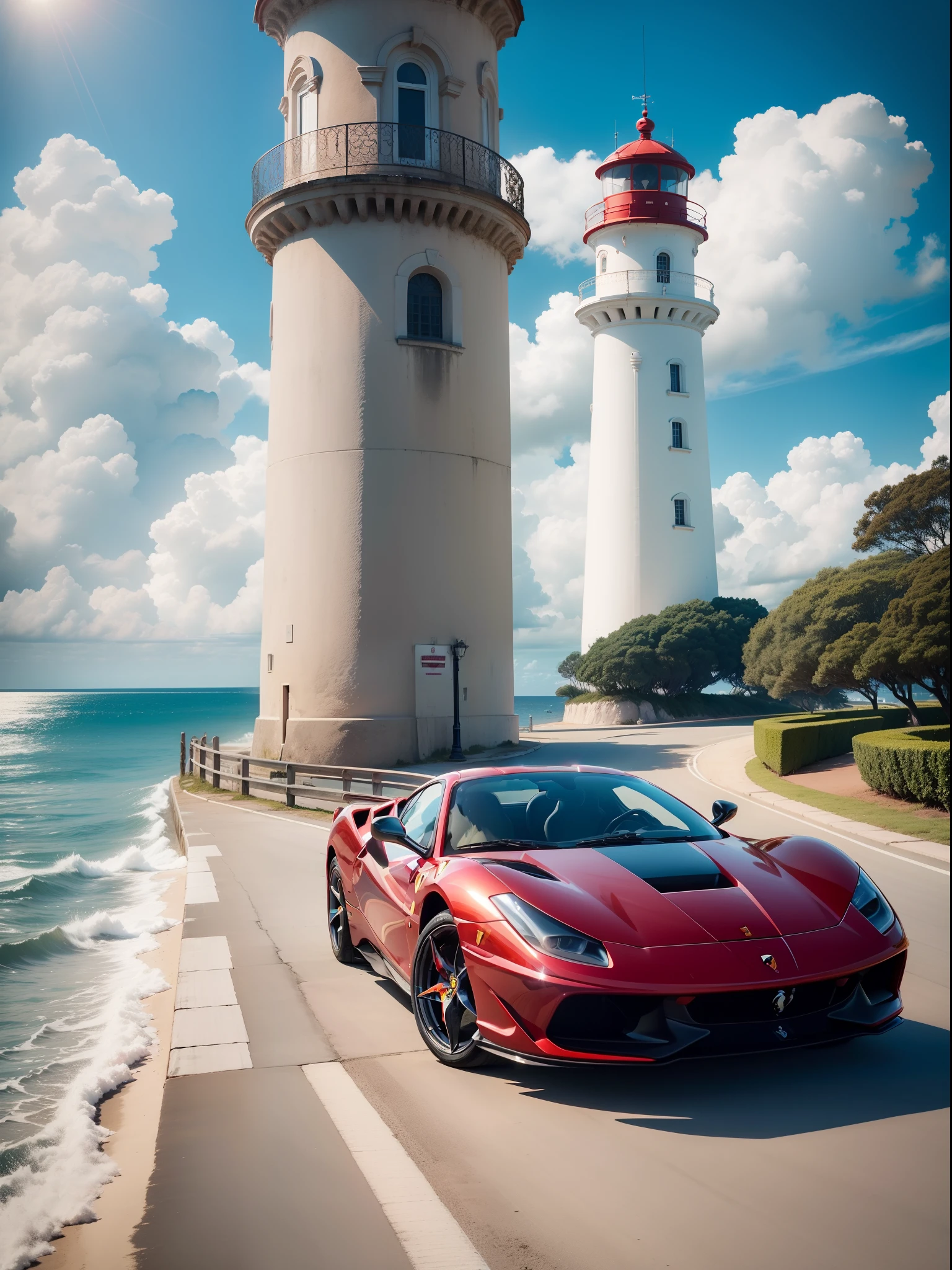 "Foto de uma (Ferrari vermelha parada) em frente a um (beautiful lighthouse by the sea). em uma tarde ensolarada, with blue skies and enchanting clouds."