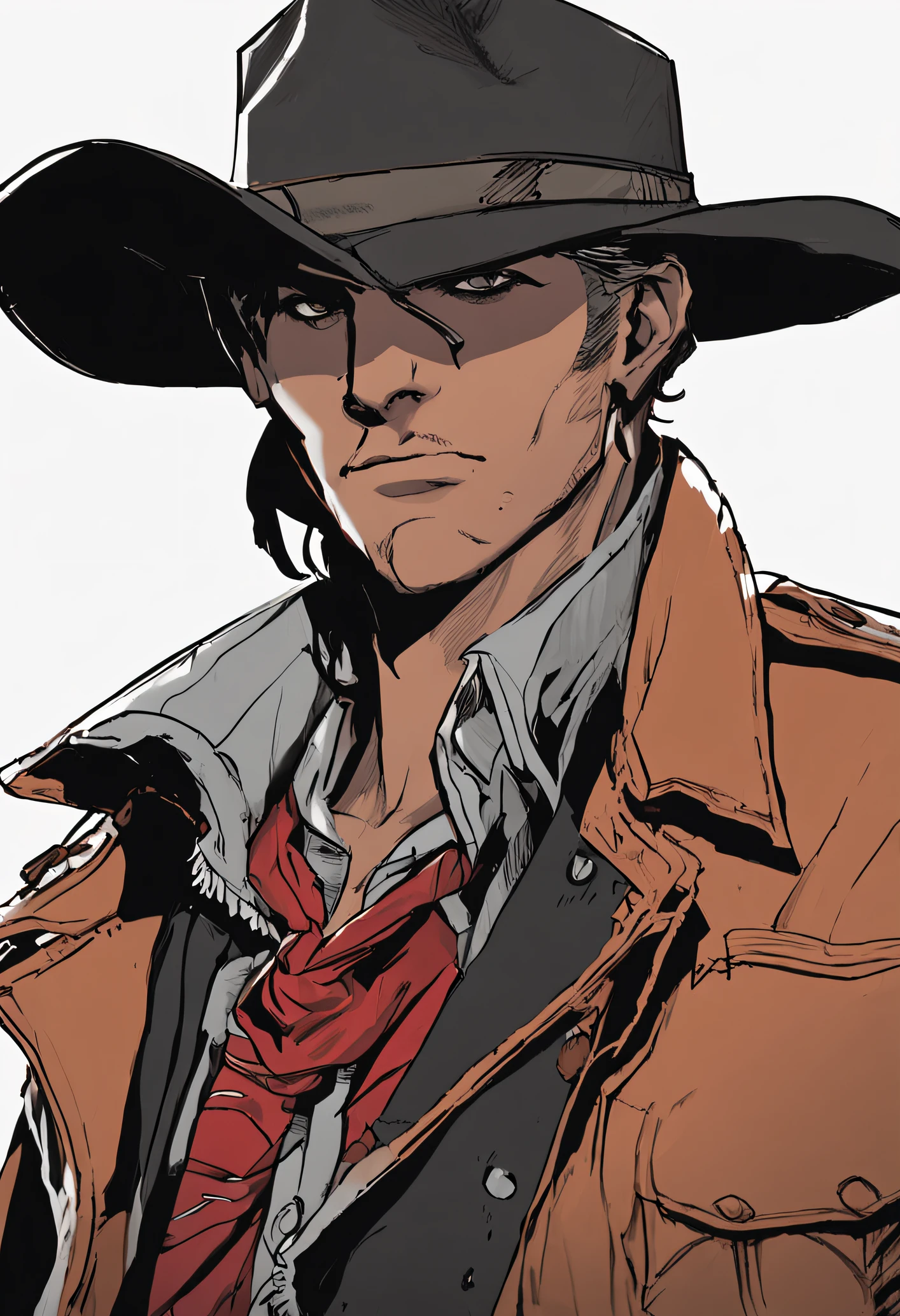 Crie um homem, cowboy, cabelo preto com estrias brancas, colete preto no topo, camisa marrom na parte inferior, Red bandana around neck, arte de anime, RPG, rosto, 4k