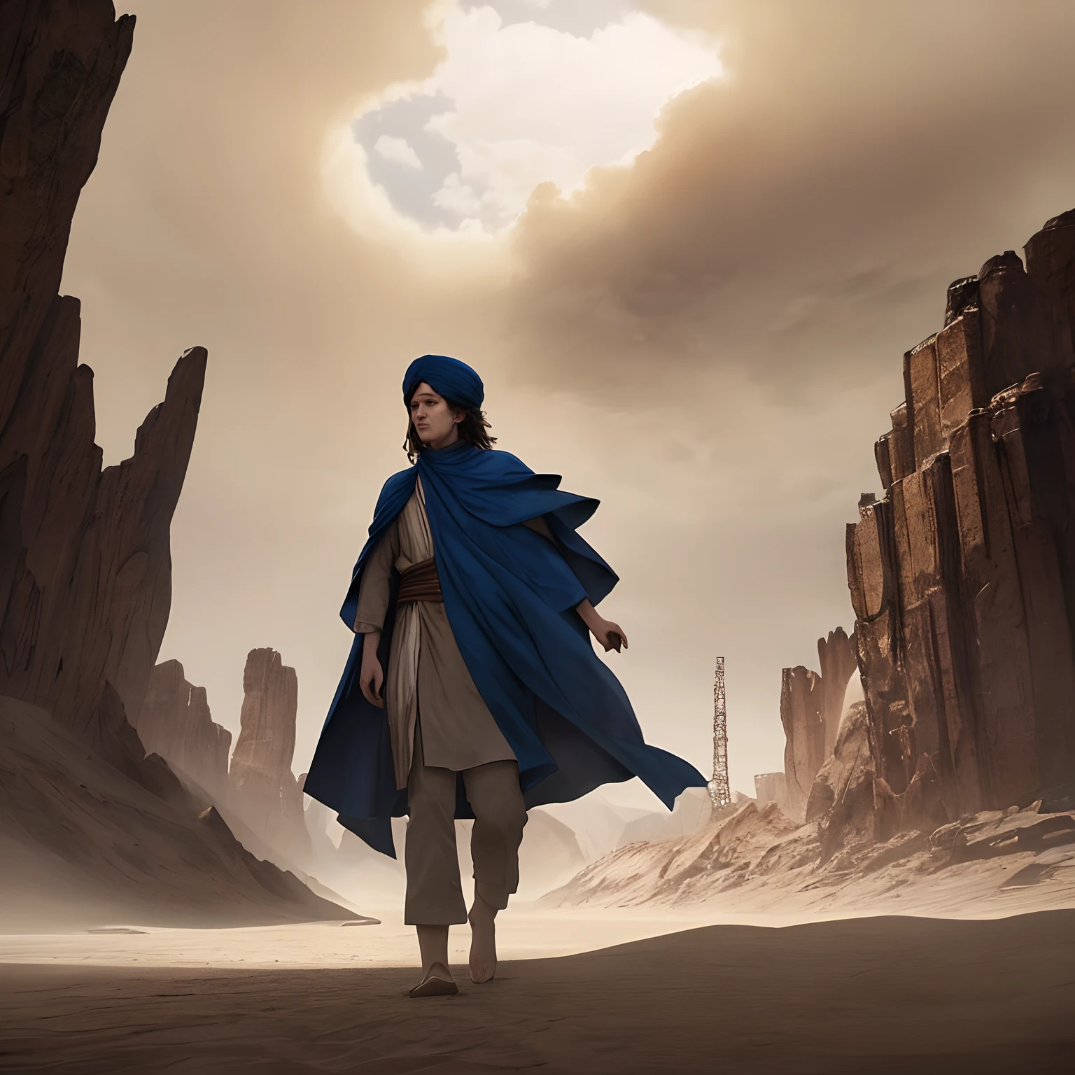 masterpiece, RAW photo, best quality, realistic, photo-realistic, an extremely delicate and beautiful, very serious look, concept art, fantasy, cinematic angle, depth of field, blue sky, daytime, majestic clouds, bedhead hair, a female, 23 years old, traveller, wasteland, Desert, cloak, turban, robe, walking, (sandstorm), face focus, dynamic angle, madeon