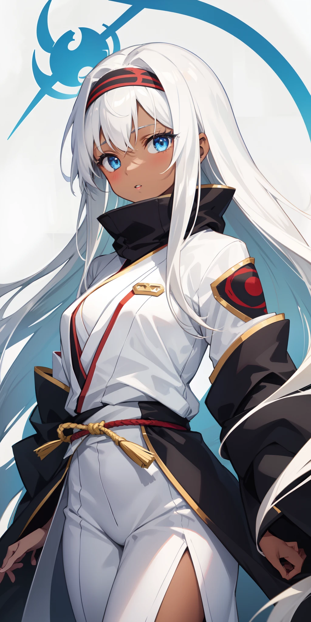 1 girl, brown skin, long white hair, blue eyes, white ninja headband, white ninja uniform, Yamato