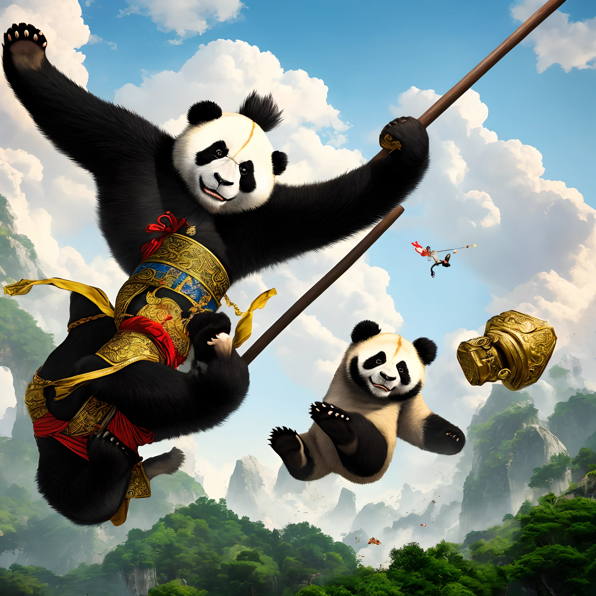 Giant pandas like the Monkey King hand golden cudgel foot somersault cloud wearing battle robes invincible between heaven and earth