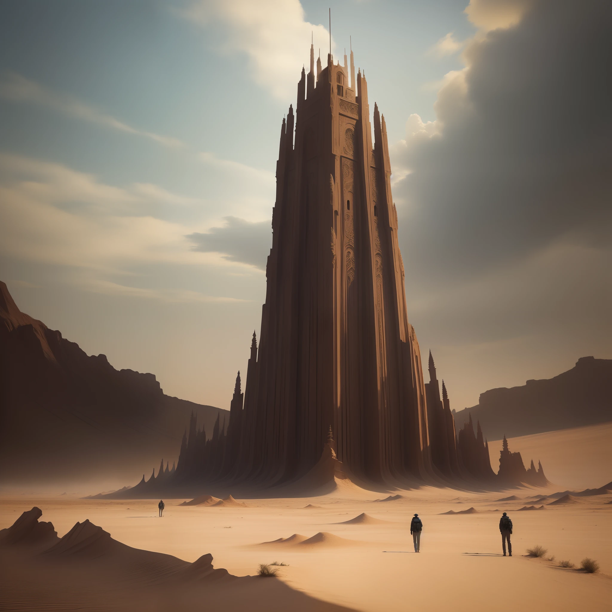 Uma torre gigante, no deserto, com homens subindo