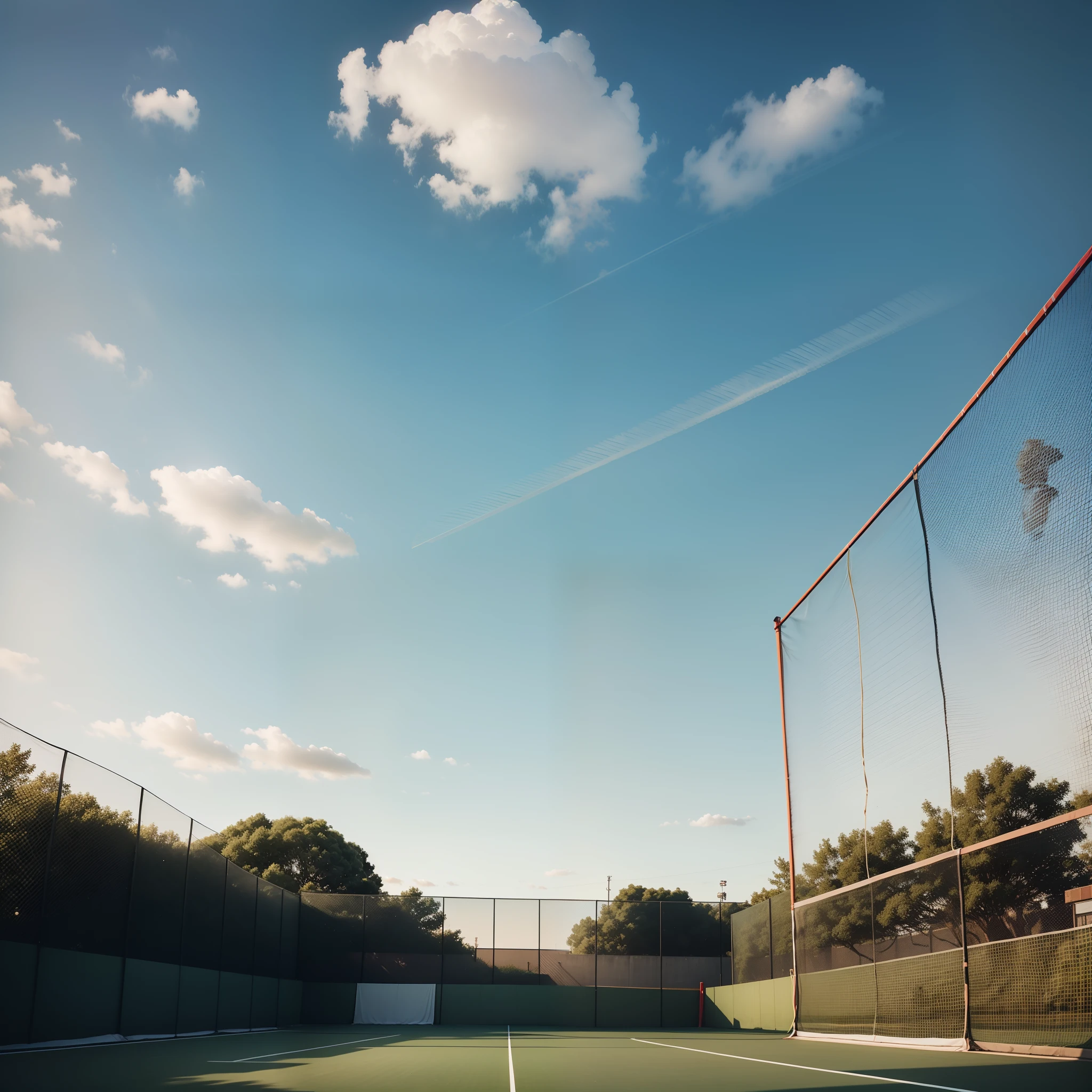 There are nets and tennis courts with the sky in the background, tennis court, wearing tennis, Aerial tennis courts, Bloody bloody blood on the tennis court, green, Exact Courts, by Sam Black, Professional and unique masterpieces, elegant high quality, 真实感, volley court background, Cool Line, composite, Netting, extremely clean lines, A little dim lighting,Opposite side,a photo of,Tennis balls