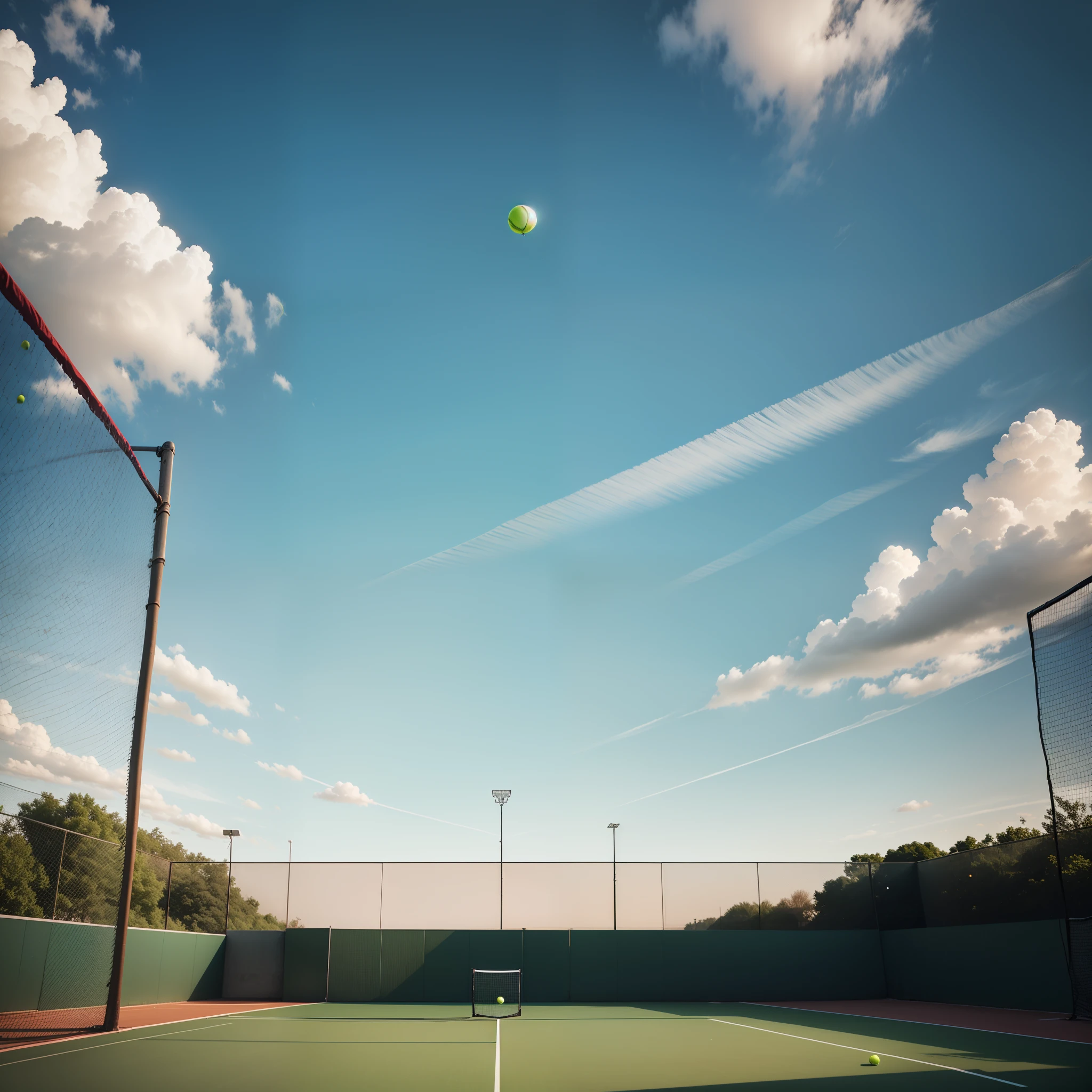 There are nets and tennis courts with the sky in the background, tennis court, wearing tennis, Aerial tennis courts, Bloody bloody blood on the tennis court, green, Exact Courts, by Sam Black, Professional and unique masterpieces, elegant high quality, 真实感, volley court background, Cool Line, composite, Netting, extremely clean lines, A little dim lighting,Opposite side,a photo of,Tennis balls