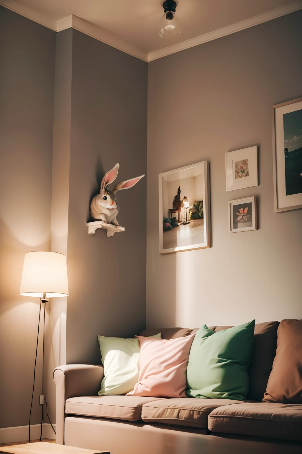 Photo of colorful rabbit wall in living room with sofa and pallet dresser and corner lamp