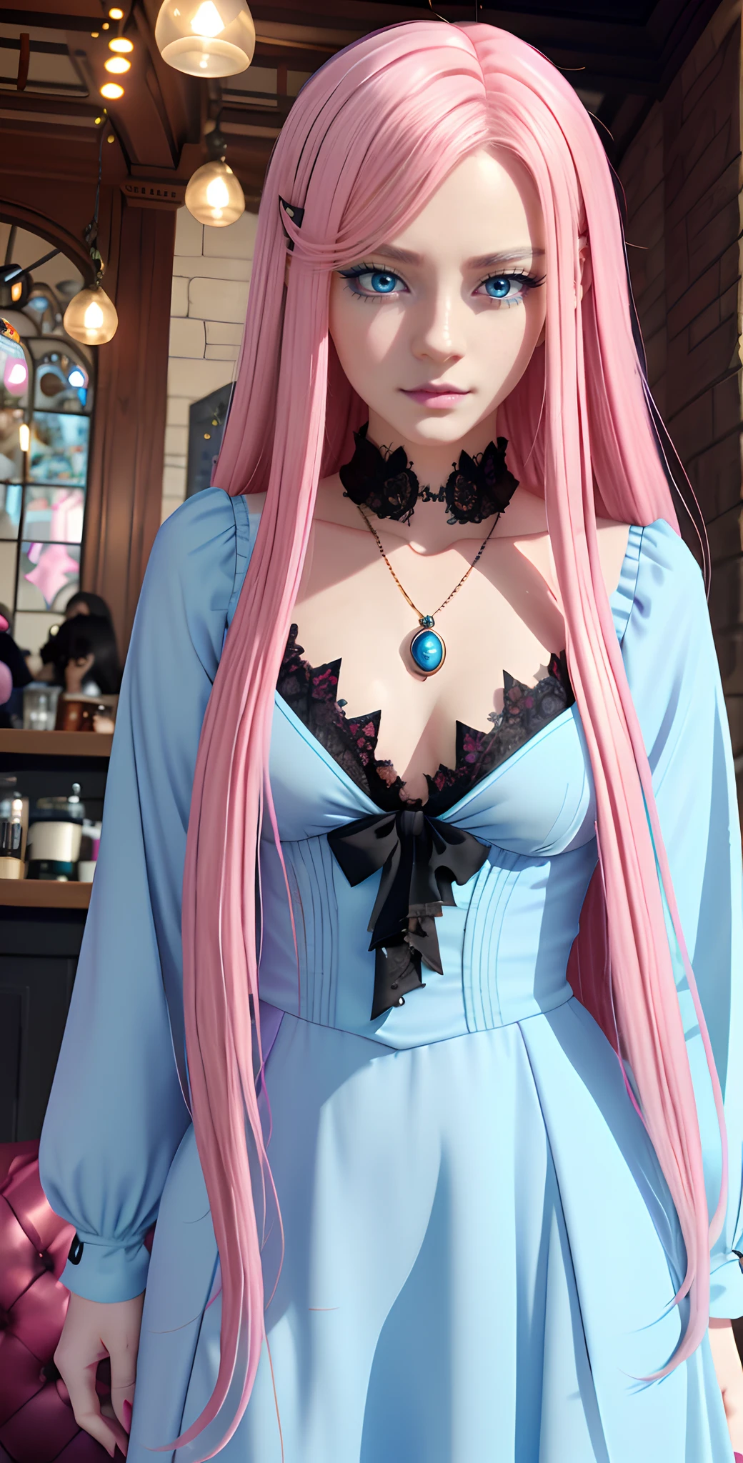 masterpiece, top-quality, Adults, different color, finely eye and detailed face, intricate detailes, Wizarding World Costumes, Inside the coffee shop, During the walk, A smile, Happiness, tenderness, youthfulness, high-level image quality、Beautuful Women、tall、window、𝓡𝓸𝓶𝓪𝓷𝓽𝓲𝓬、Englishman, Idol Photos, k pop, Professional Photos, ((the witch)), Fedoman with necklace, inspired by Sim Sa-jeong, androgynous vampire, :9 detailed face: 8, extra detailed face, detailed punk hair, ((Light blue eyes)) baggy eyes, Seductive. Highly detailed, semi realistic anime, Vampires, hyperrealistic , Delicate androgynous witch, imvu, Woman with long hair, Woman with a gentle expression, ((Woman with pretty long pink hair and light blue eyes)),