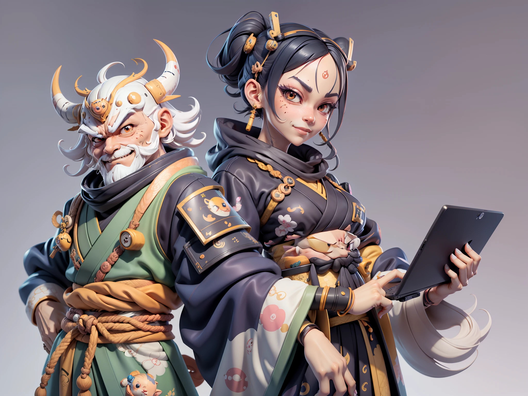 (Daisaku),(Need),(Super meticulous),(full bodyesbian:1.2),Japanese ukiyo-e girl,japanese geisha,Beautiful,Oriental dragon,Aeolian Thor,Raised sexy,爆乳,Oriental face,TV Anchor,Bust portrait illustration,Alone,In black suit,a blue tie,The face is slightly chubby,The face was clean,without a beard,Black super short hair,Black eyes,Smile confidently,3C computer sub-products,iPad, iphone,Digital painting,3D character design by Mark Clairen and Pixar and Hayao Miyazaki and Akira Toriyama,The illustration is a high-definition illustration in 4K resolution,With very detailed facial features and cartoon-style visuals。