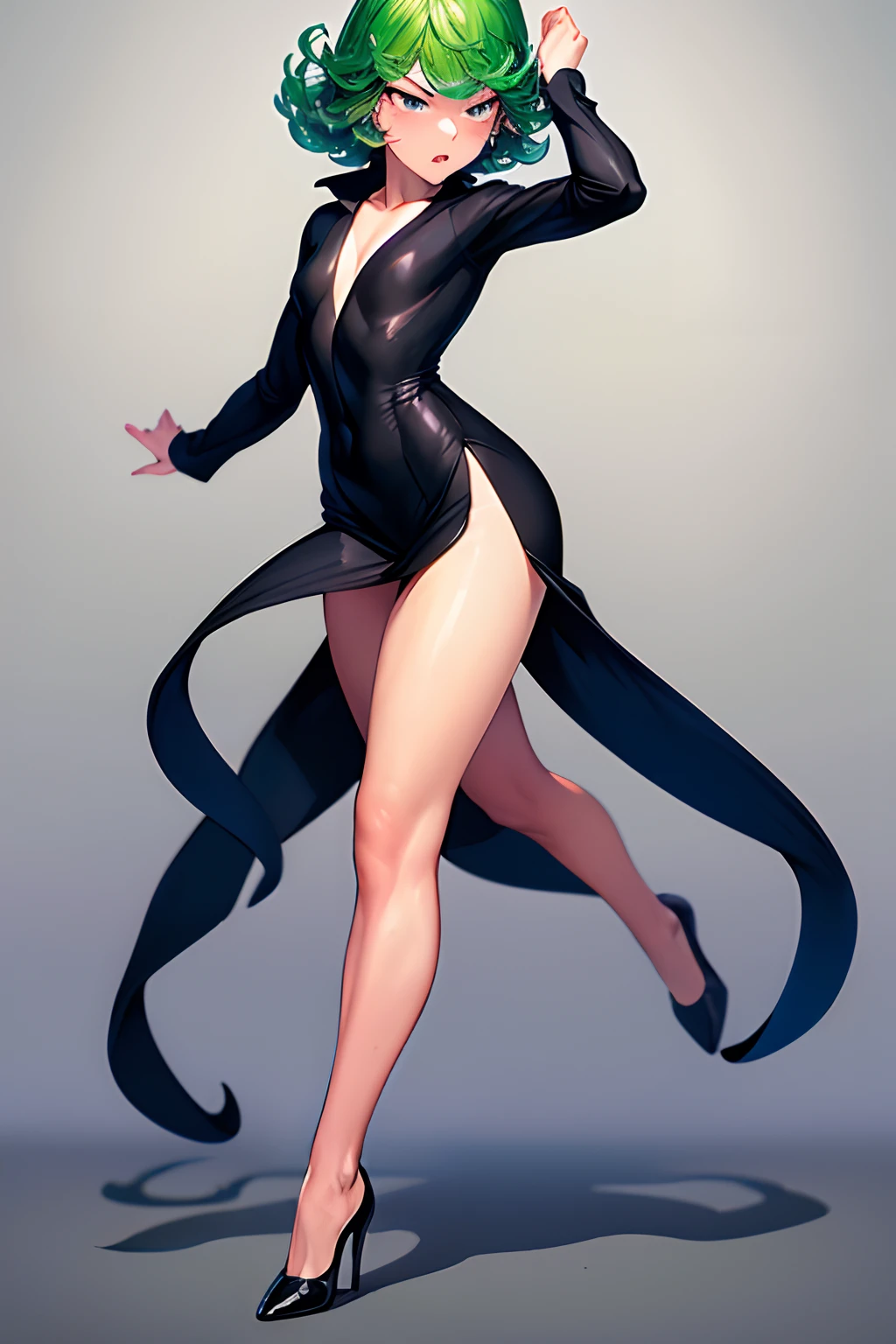 (masterpiece, best quality:1.2), full body, solo, 1girl, tatsumaki, black dress, side slit, embarrassed, angry, blush, shoes, black shoes, high heels, dancing, long legs,