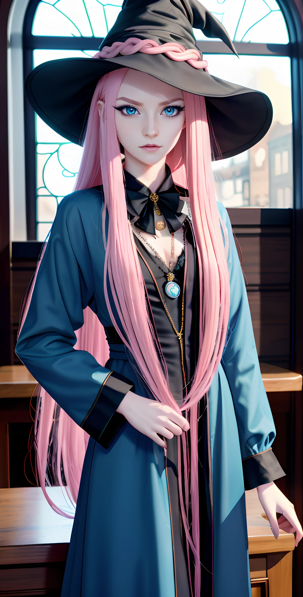 ​masterpiece, top-quality, Adults, different color, finely eye and detailed face, intricate detailes, Wizarding World Costumes, Inside the coffee shop, During the walk, A smile, Happiness, tenderness, youthfulness, high-level image quality、Beautuful Women、tall、window、𝓡𝓸𝓶𝓪𝓷𝓽𝓲𝓬、Englishman, Idol Photos, k pop, Professional Photos, ((the witch)), Fedoman with necklace, inspired by Sim Sa-jeong, androgynous vampire, :9 detailed face: 8, extra detailed face, detailed punk hair, ((Light blue eyes)) baggy eyes, Seductive. Highly detailed, semi realistic anime, Vampires, hyperrealistic , Delicate androgynous witch, imvu, Woman with long hair, Woman with a gentle expression, ((Woman with pretty long pink hair and light blue eyes)),