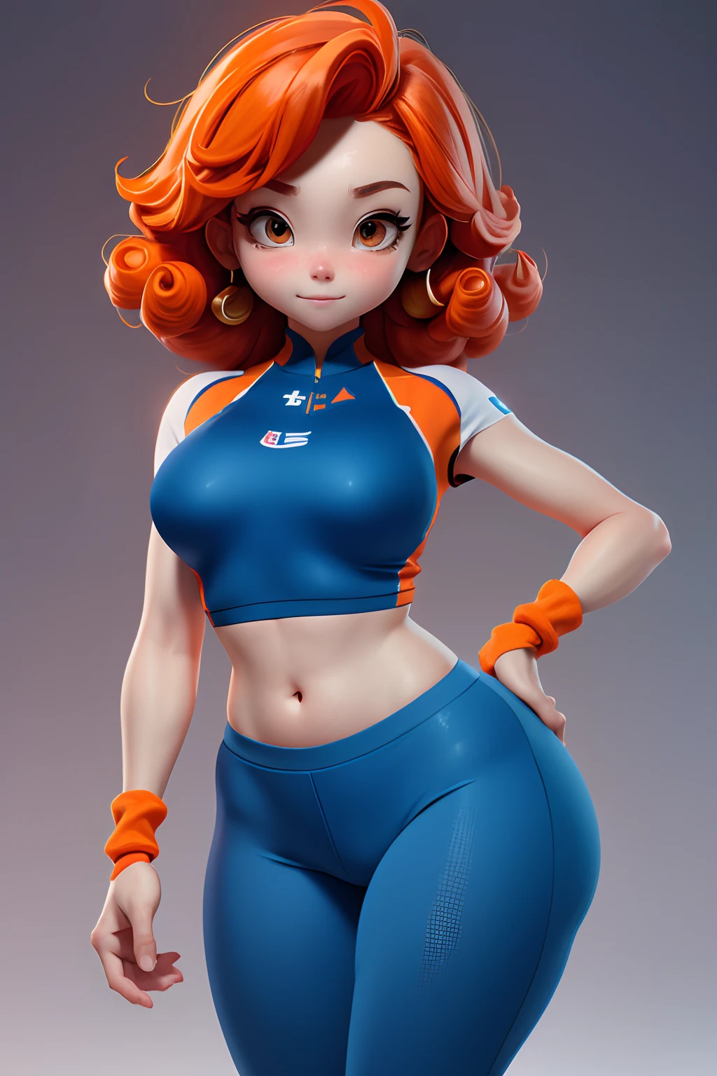 Masterpiece, Best quality, 8K, Cinematic light, 超高分辨率, tchibi,simplebackground, 1girll,full bodyesbian,Americans,curlies,Orange hair,athlete,blue clothes