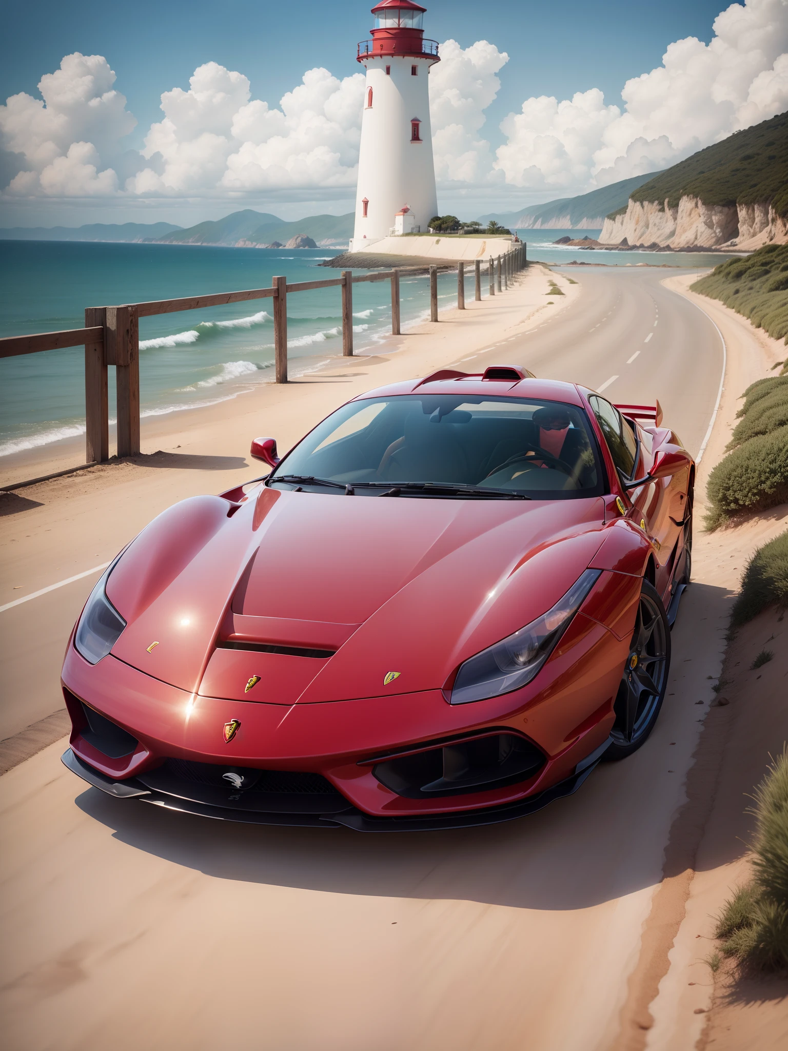 "Foto de uma (Ferrari vermelha parada) em frente a um (beautiful lighthouse by the sea). em uma tarde ensolarada, with blue skies and enchanting clouds."