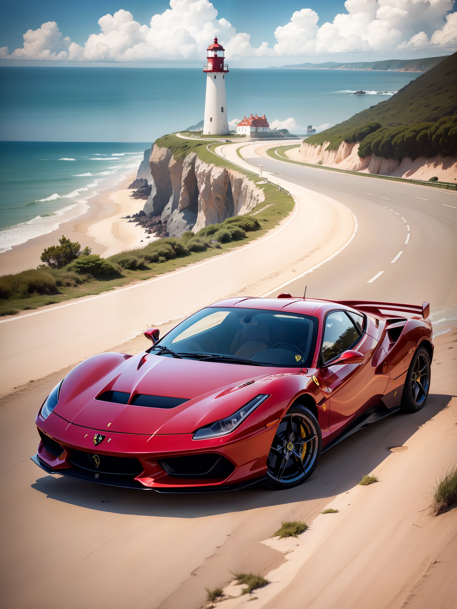 "Foto de uma (Ferrari vermelha parada) em frente a um (beautiful lighthouse by the sea). em uma tarde ensolarada, with blue skies and enchanting clouds."