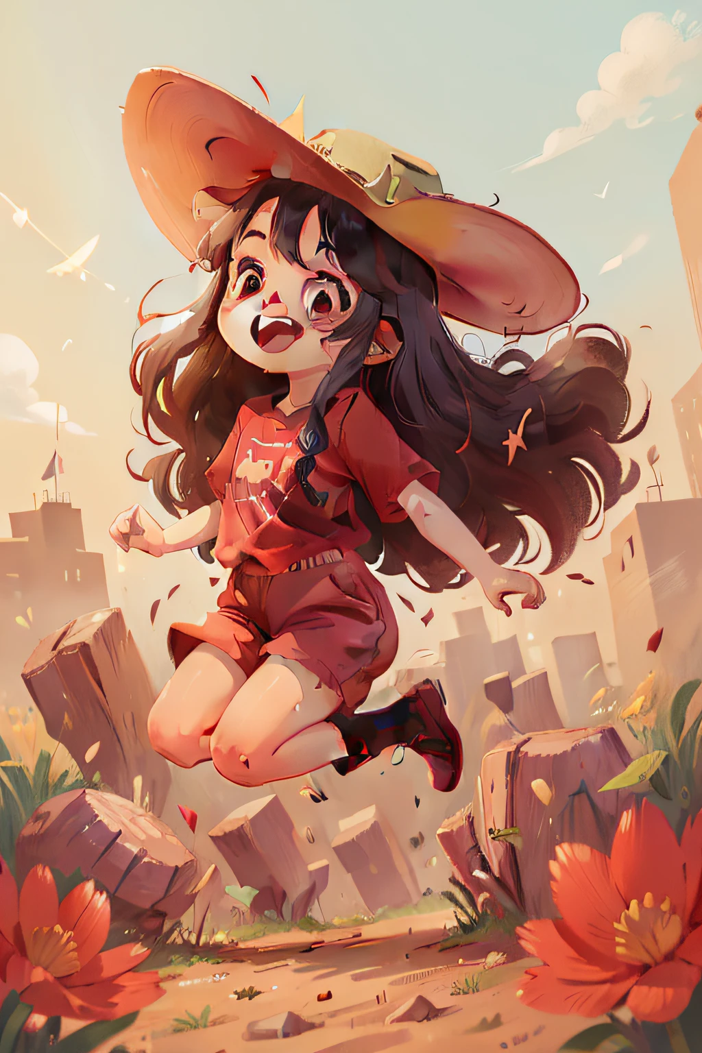 a 6 year small girl, with long black hair, vibrant brown eyes, wearing a jumpsuit, cowboy boots, cowboy hat and red t-shirt, jumpimg, super happy, smilling