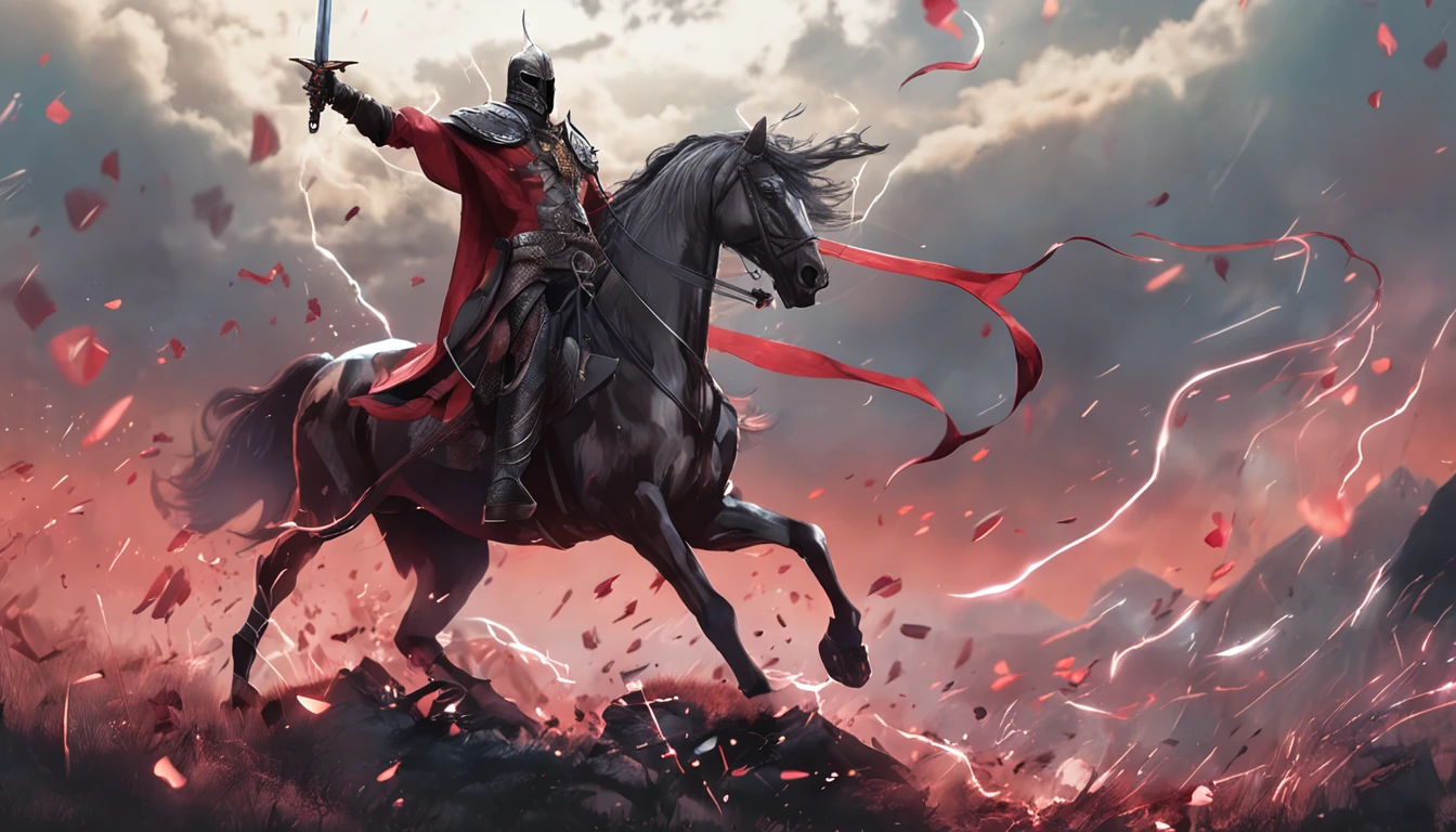 in a panoramic view, fundo de fogo, magic realism， Anime peito grande, hiper HD, Super Detalhe, Detalhes altos, melhor qualidade, A high resolution, A high resolution, Premiados, Premiados, anatomicamenUm homem a cavalo：1.5，with sword in hand, poster art inspired by Kanō Hōgai, trending on pixabay, Renascimento, solomon kane, As Solomon Kane, O Terceiro Cavaleiro, , wuxia, Cavalo Guerreiro, Tim Bradstreet, vampire hunter d, Cavaleiro do Apocalipse, Gengis Khan, arabian samurai）