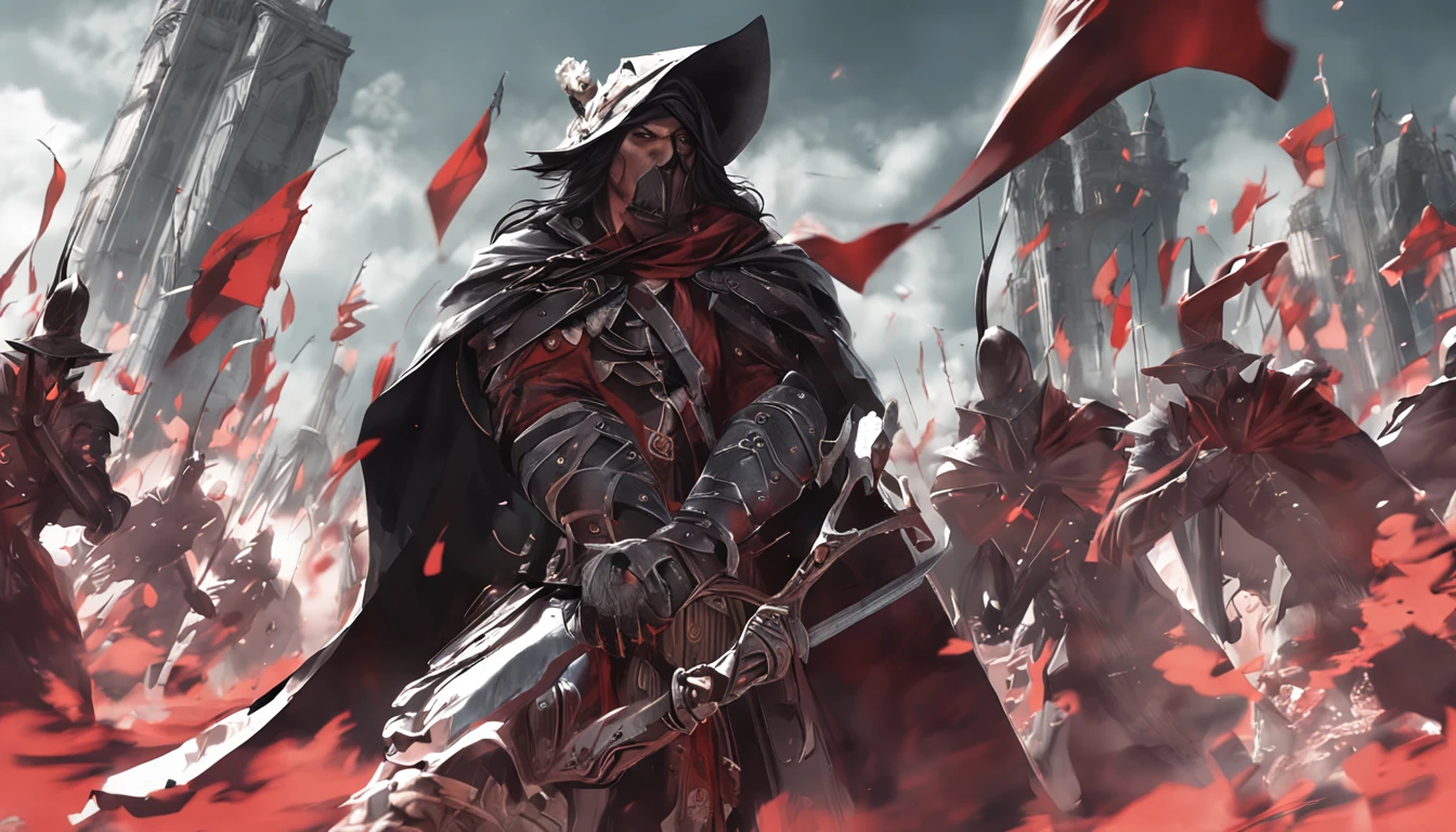 in a panoramic view, fundo de fogo, magic realism, Anime peito grande, hiper HD, Super Detalhe, Detalhes altos, melhor qualidade, A high resolution, A high resolution, Premiados, Premiados, anatomicamenUm homem a cavalo:1.5,with sword in hand, poster art inspired by Kanō Hōgai, trending on pixabay, Renascimento, solomon kane, As Solomon Kane, O Terceiro Cavaleiro, , wuxia, Cavalo Guerreiro, Tim Bradstreet, vampire hunter d, Cavaleiro do Apocalipse, Gengis Khan, arabian samurai)