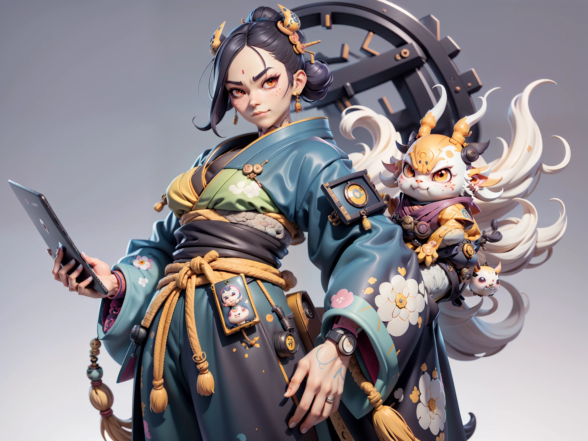 (Daisaku),(Need),(Super meticulous),(full bodyesbian:1.2),Japanese ukiyo-e girl,japanese geisha,Beautiful,Oriental dragon,Aeolian Thor,Raised sexy,爆乳,Oriental face,TV Anchor,Bust portrait illustration,Alone,In black suit,a blue tie,The face is slightly chubby,The face was clean,without a beard,Black super short hair,Black eyes,Smile confidently,3C computer sub-products,iPad, iphone,Digital painting,3D character design by Mark Clairen and Pixar and Hayao Miyazaki and Akira Toriyama,The illustration is a high-definition illustration in 4K resolution,With very detailed facial features and cartoon-style visuals。
