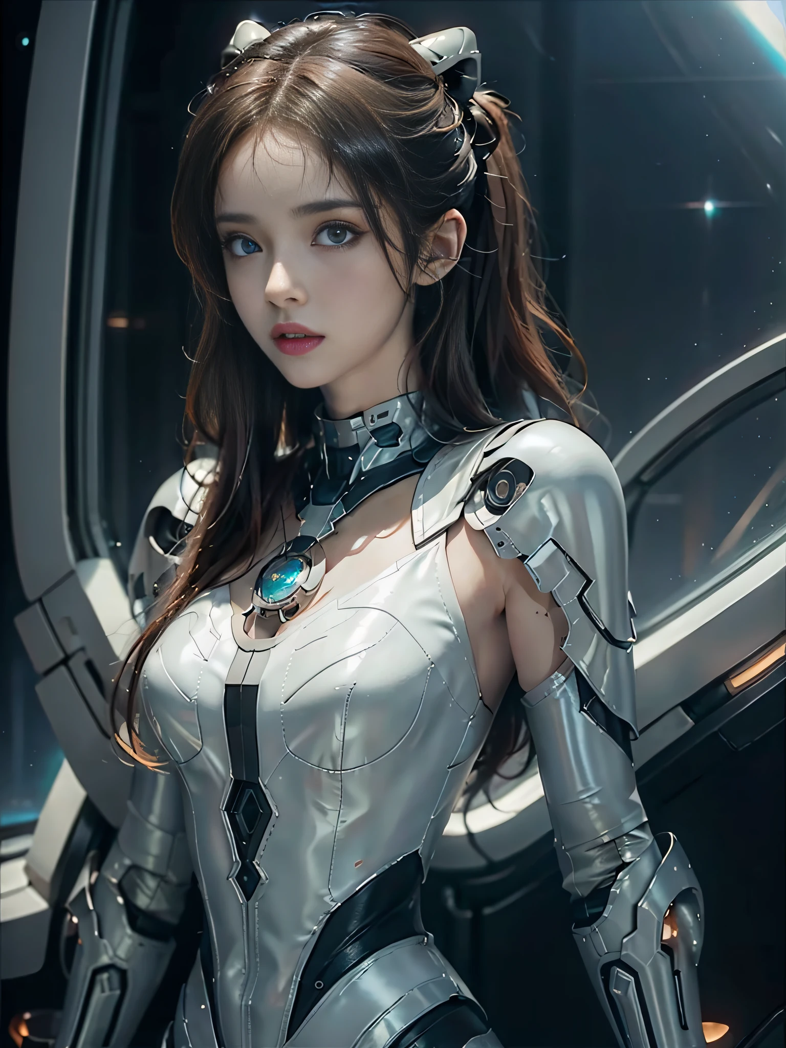 Seductive Woman　Perfect beauty　Very white skin　Beautiful eyes　Glossy lips　longer sleevesＴin blouse wearing　Functional　Earphone　Inside the spacecraft，glass window，The vast universe，planet earth