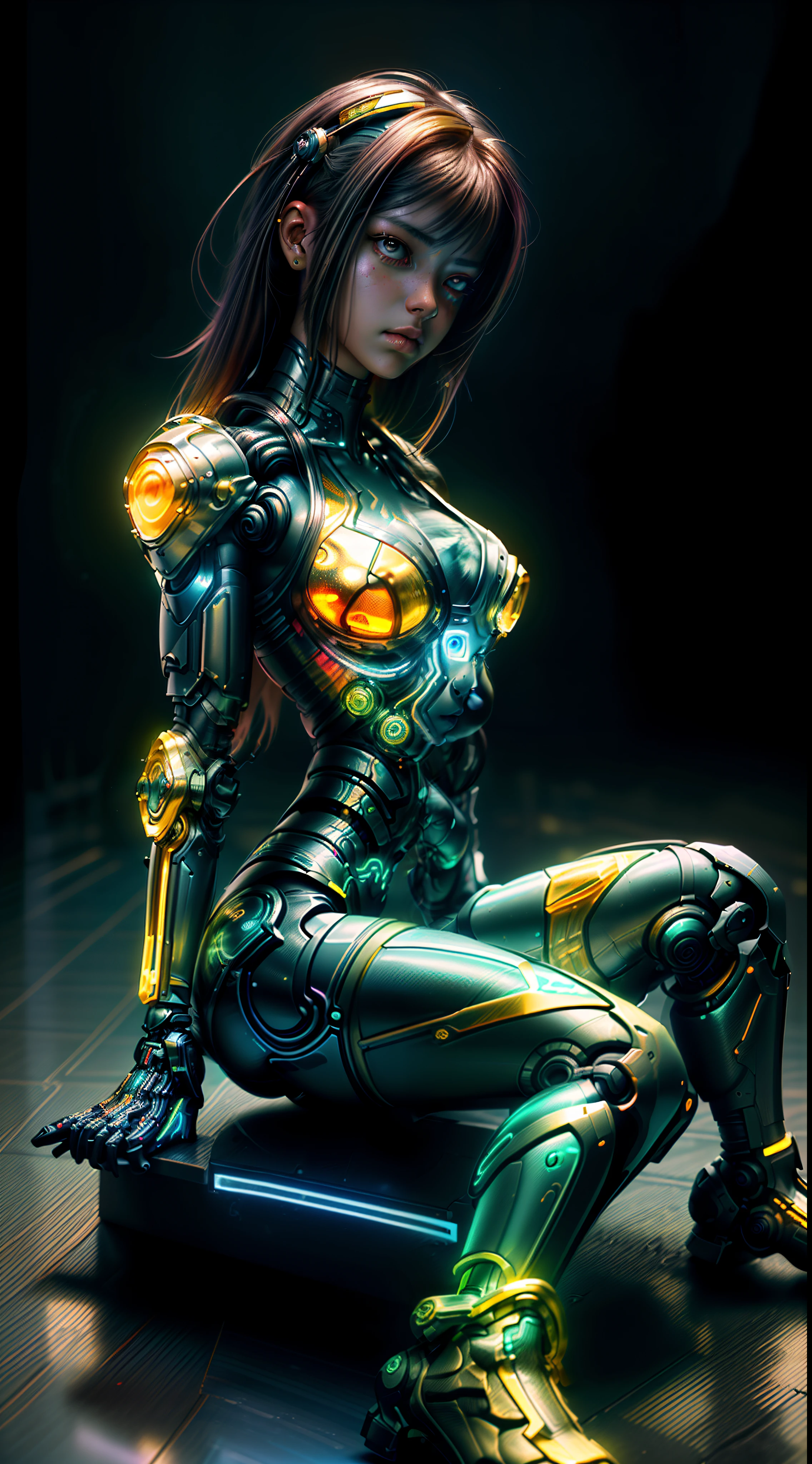 Beautiful 18-year-old cybernetic girl looking at the camera ((Agachado, sitting on ground;))Detailed bikini muscles realistic masterpiece, Pose ativa, action pose, luz LED | | |, Gold Parts, franja, cabelo curto, vista traseira, Costas,em uma cidade a noite neon