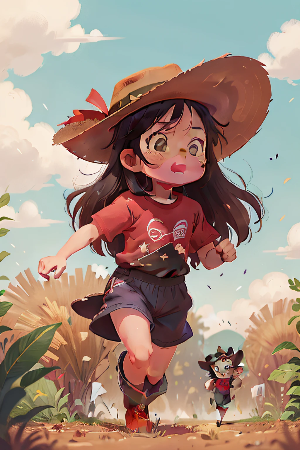 a 6 year old girl, with long black hair, vibrant brown eyes, wearing a jumpsuit, cowboy boots, cowboy hat and red t-shirt, running in the fields