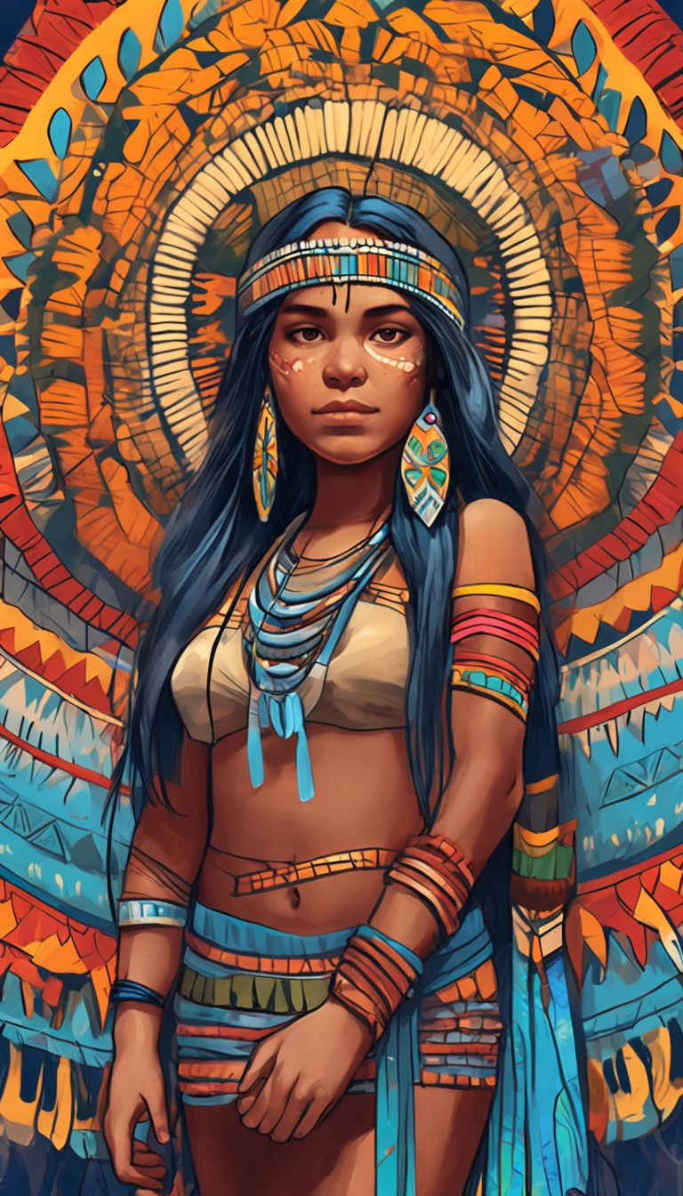 anime 12 year old indigenous Brazilian girl from the indigenous peoples of the amazon, traditional indigenous clothing, anime art style like an acrylic painting, long straight black hair, with blue eyes, traditional blue body paint from the indigenous peoples, fearless face, wearing rosary with cross around her neck along with colorful bird feathers