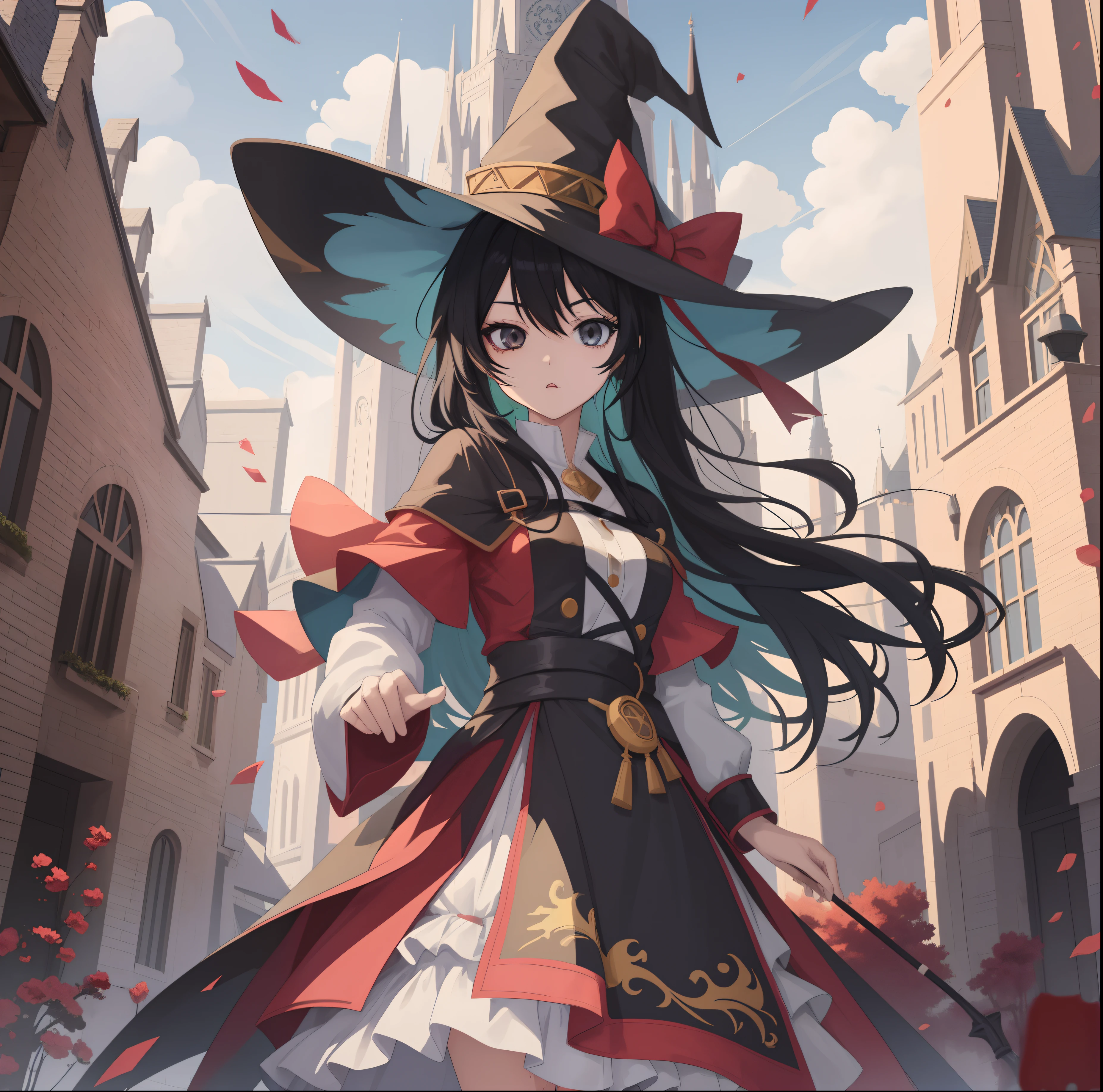 anime girl, black hair, wizard tower, full body shot