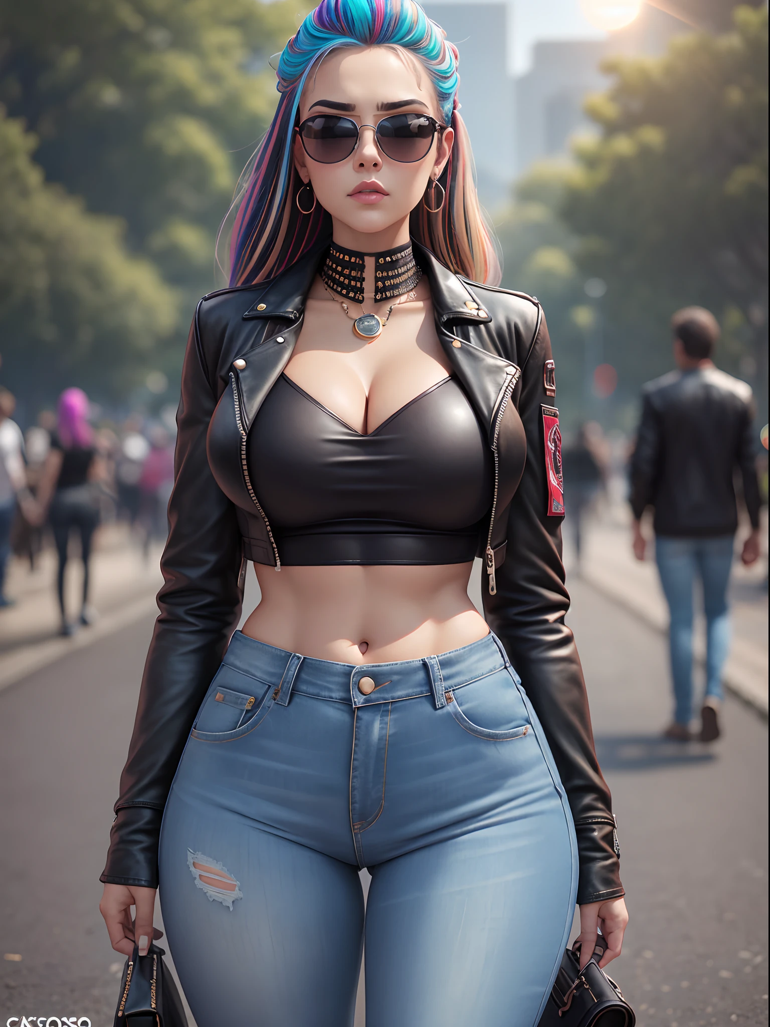 Absurdidade, fotorrealista, ultra realistic,..3d, art-station, CGSetnation, 5,000k, Fotografia premiada de uma bela mulher caminhando no parque, (moda), (cabelos multicoloridos:1.2), cheeckbones, Rosto detalhado, Bejeweled, a nice long leather jacket, jeans rasgados, Topo puro, (pele requintadamente detalhada, anatomia perfeita, quadris largos, thicc bunda, smooth midriff, lacuna na coxa), sun glasses, colorido, sytle vampiro cyberpunk