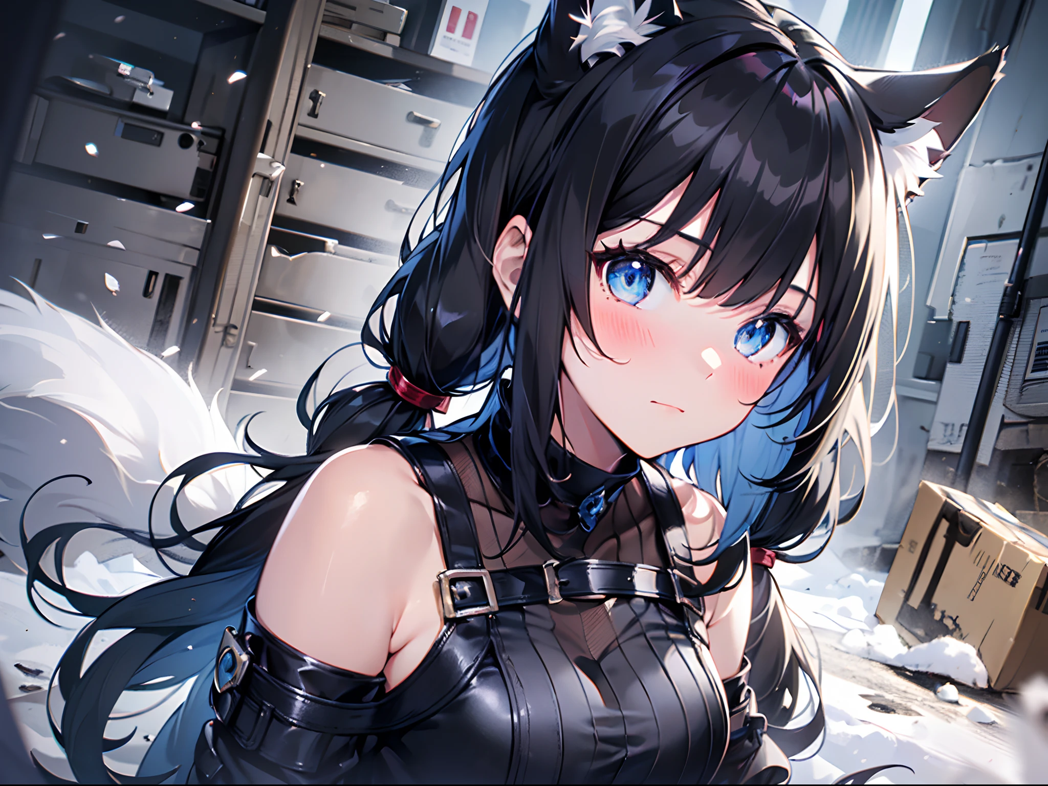 (masterpiece, best quality:1.3), 1girl, solo, animal_ears, deep_blue_eyes, low twintails, closed mouth, cat_ears, (black_hair:1.5), blush, animal_ear_fluff, side viewer, bangs, soldier clothes, upper_body, carrying long gun, cowboy_shot=(Face through_thighs), post Apocalypse, gray light