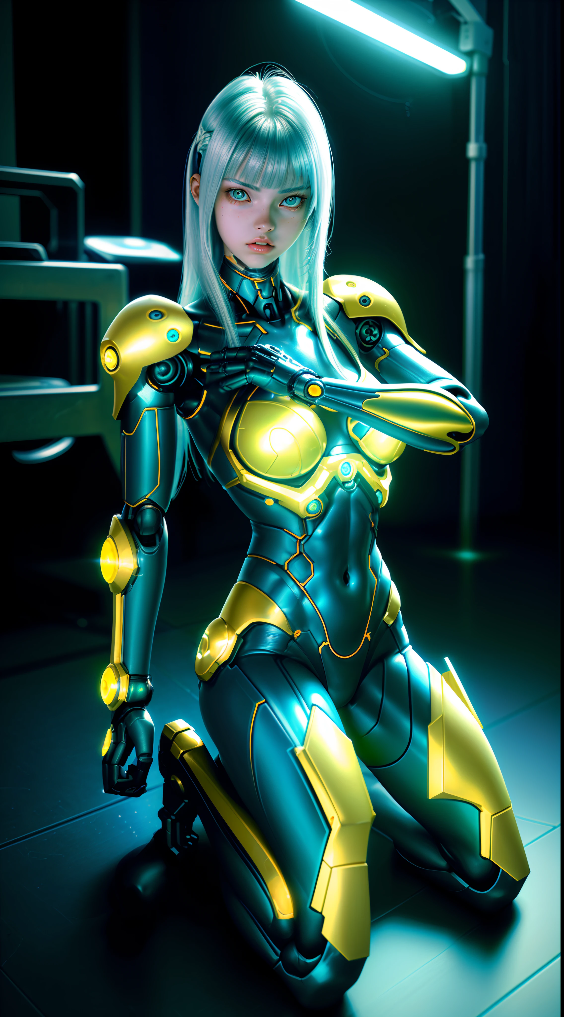 Beautiful 18-year-old cybernetic girl looking at the camera ((Crouching sitting on the floor))Bikini muscles detailed realistic masterpiece, Pose ativa, action pose, luz LED | |, Gold Parts, franja, cabelo curto, vista traseira, Costas,em uma cidade a noite neon