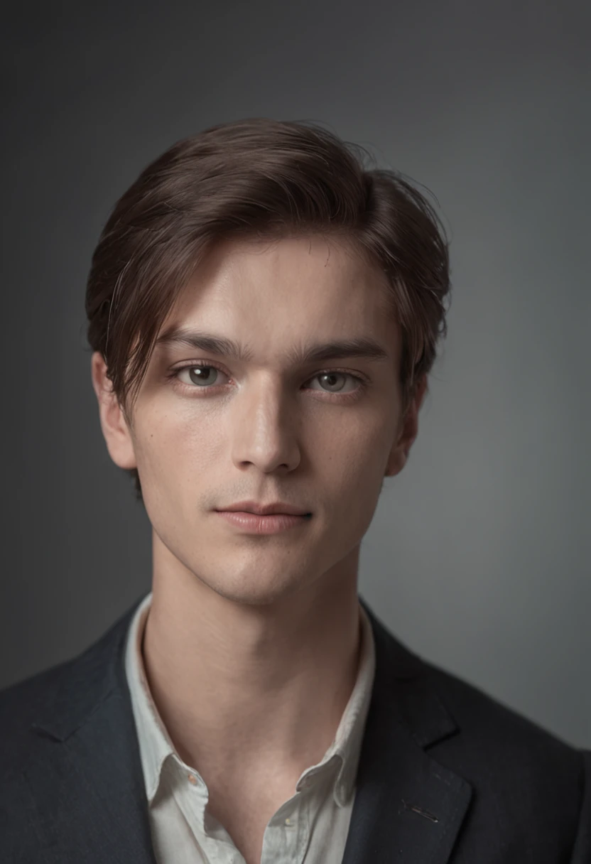 white man, brown hair, green eye, wysoki, dobrze zbudowany, moda klasyczna ((SFW)) , Realistic, PHOTOREALISTIC, detailed face, soft lighting, Modelshoot style, Professional photography, standing in a dark studio background, blurred background, RAW, analog style, sharp focus, 8k UHD, DSLR, high quality, Fujifilm XT3, grain, award winning, masterpiece, Negative Prompts