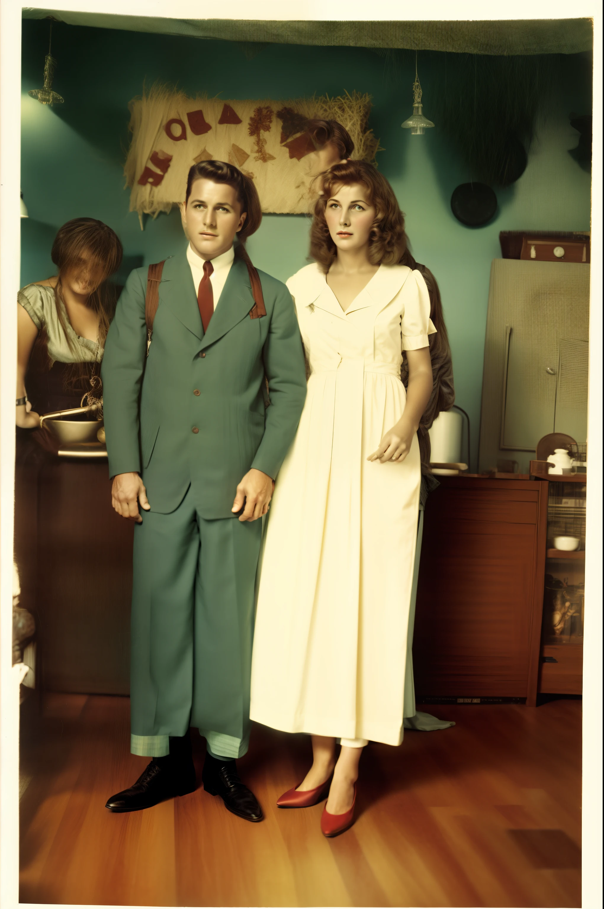 There is a man and a woman standing in a living room, foto colorida antiga, fotografia colorida antiga, foto colorida, uma foto colorida, foto antiga, momma and papa, foto 1960, foto colorida vintage, foto do casamento, foto colorida, fotografia vintage