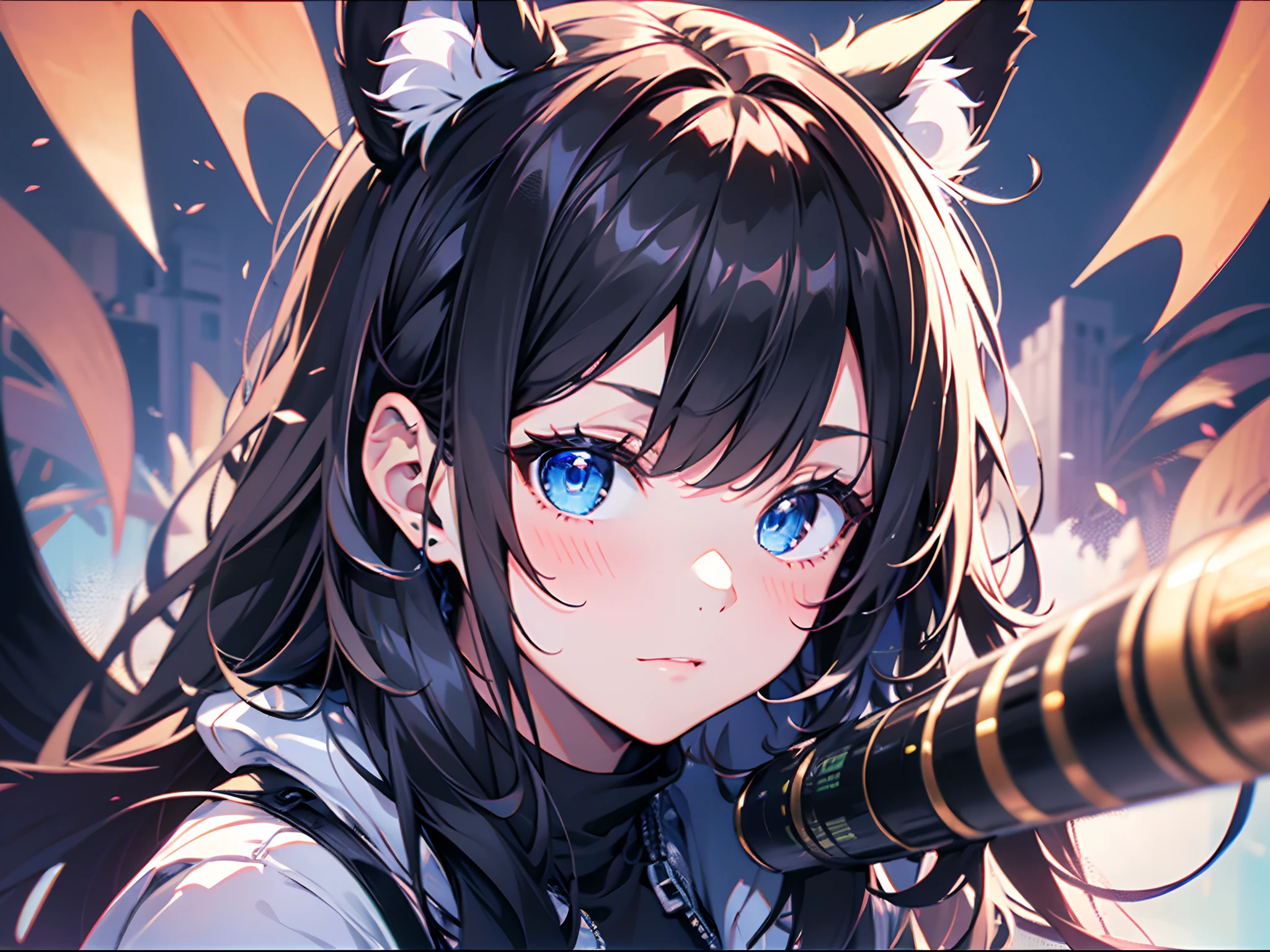 A masterpiece of literary text、best qulity、1girl, solo, animal_ears, deep_blue_eyes, low twintails, closed mouth, cat_ears, (black_hair:1.5), blush, animal_ear_fluff, looking_at_viewer, long_hair, bangs, upper_body, in Apocaylpse, long gun in hand, Best Quality, 8K, OriginalPhoto, realisitic, high resolucion, The ultra-detailliert, film lighting, film grain, chromatic aberration, (detail finger:1.5)