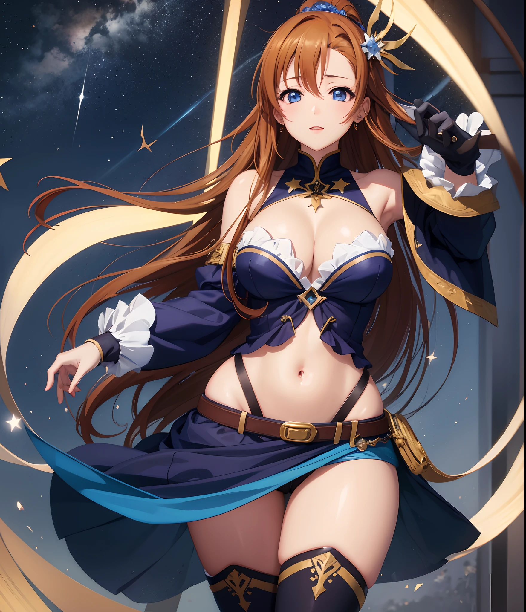 Kousaka honoka, blue eyes, masterpiece, best quality, (1girl:0.999), (breasts:0.959), (cleavage:0.939), (long hair:0.939), (hair ornament:0.932), (thighhighs:0.904), (boots:0.893), (strapless:0.838), (shorts:0.836), (thicc body), (large breasts:0.720), (collarbone:0.683), (flower:0.646), (cuffs:0.581), (closed mouth:0.571), (weapon:0.556), (holding:0.542), (garter straps:0.508), (hair flower:0.508), llchar, Night, sky, stars, sexy, sexy pose, sexual arousal
