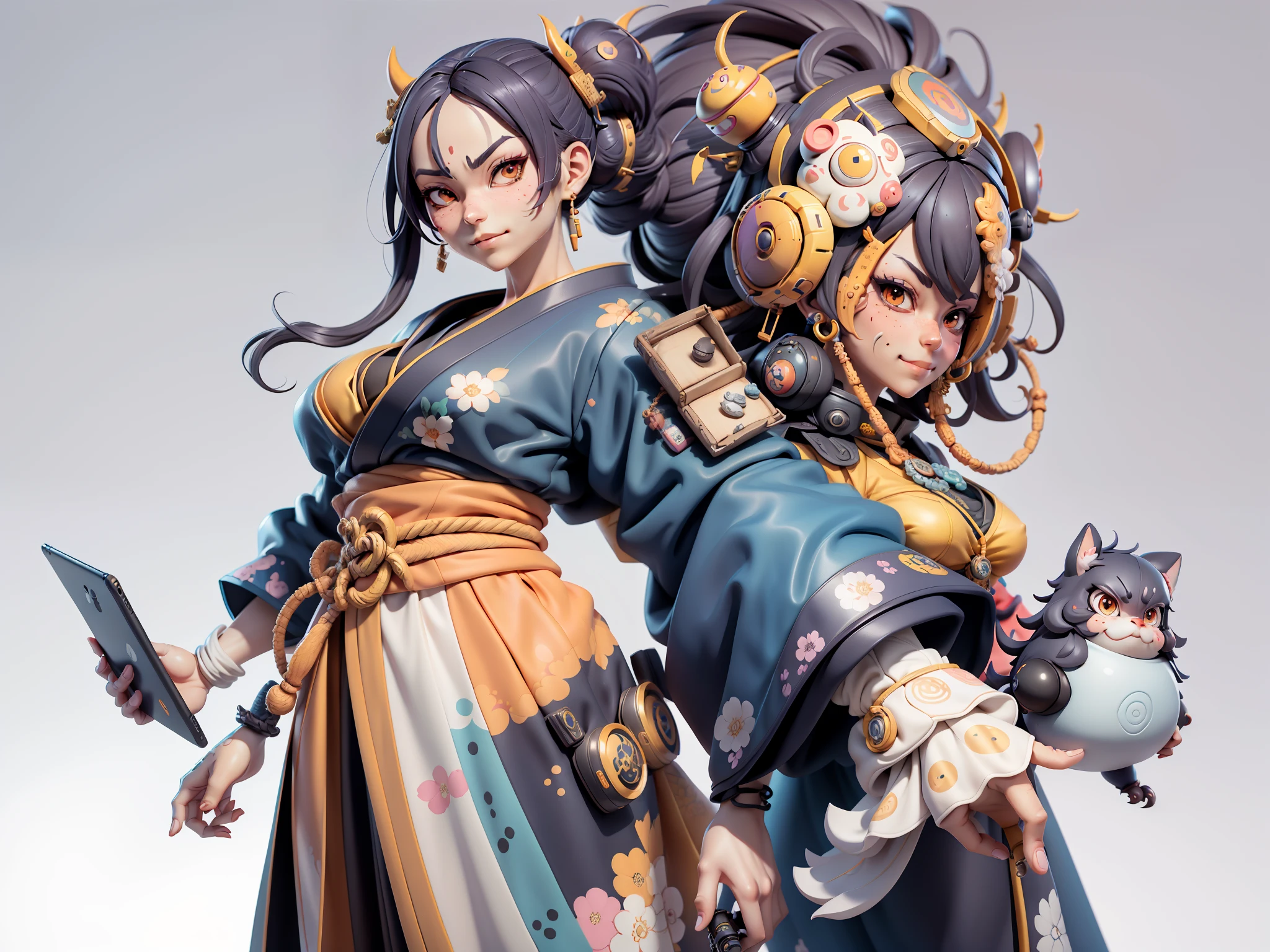 (Daisaku),(Need),(Super meticulous),(full bodyesbian:1.2),Japanese ukiyo-e girl,japanese geisha,Beautiful,Oriental dragon,Aeolian Thor,Raised sexy,爆乳,Oriental face,TV Anchor,Bust portrait illustration,Alone,In black suit,a blue tie,The face is slightly chubby,The face was clean,without a beard,Black super short hair,Black eyes,Smile confidently,3C computer sub-products,iPad, iphone,Digital painting,3D character design by Mark Clairen and Pixar and Hayao Miyazaki and Akira Toriyama,The illustration is a high-definition illustration in 4K resolution,With very detailed facial features and cartoon-style visuals。