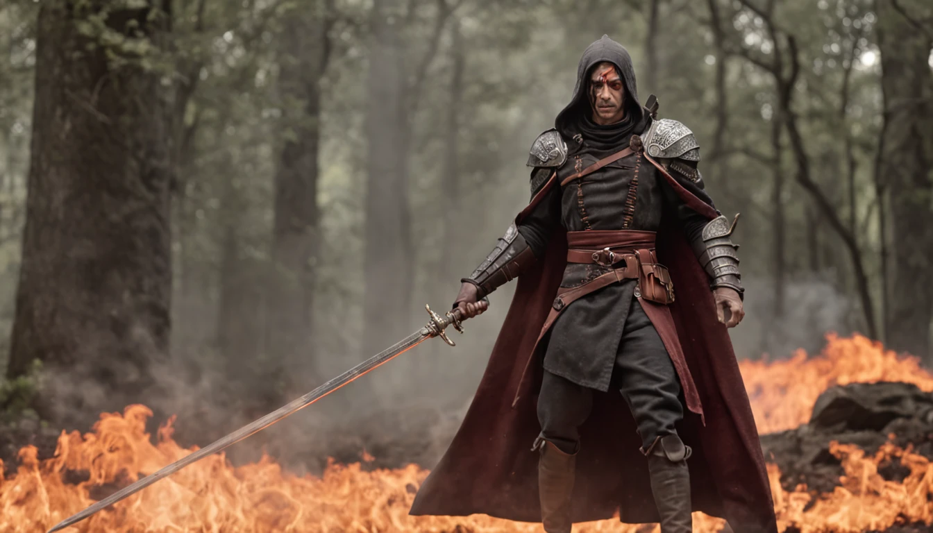 in a panoramic view, fundo de fogo, magic realism, Anime peito grande, hiper HD, Super Detalhe, Detalhes altos, melhor qualidade, A high resolution, A high resolution, Premiados, Premiados, anatomicamenUm homem a cavalo:1.5,with sword in hand, poster art inspired by Kanō Hōgai, trending on pixabay, Renascimento, solomon kane, As Solomon Kane, O Terceiro Cavaleiro, , wuxia, Cavalo Guerreiro, Tim Bradstreet, vampire hunter d, Cavaleiro do Apocalipse, Gengis Khan, arabian samurai)Give a cinematic background on fire