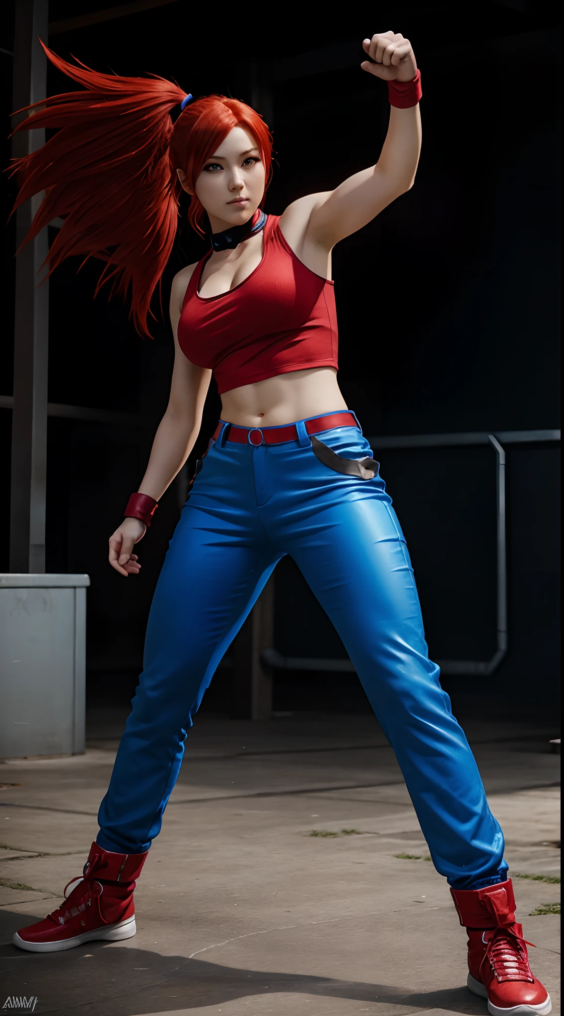 anime character with red hair and blue pants posing for a picture, fighting game character, fighting stance, character from king of fighters, she is ready to fight, powerful stance, fighter pose, female protagonist anime style character