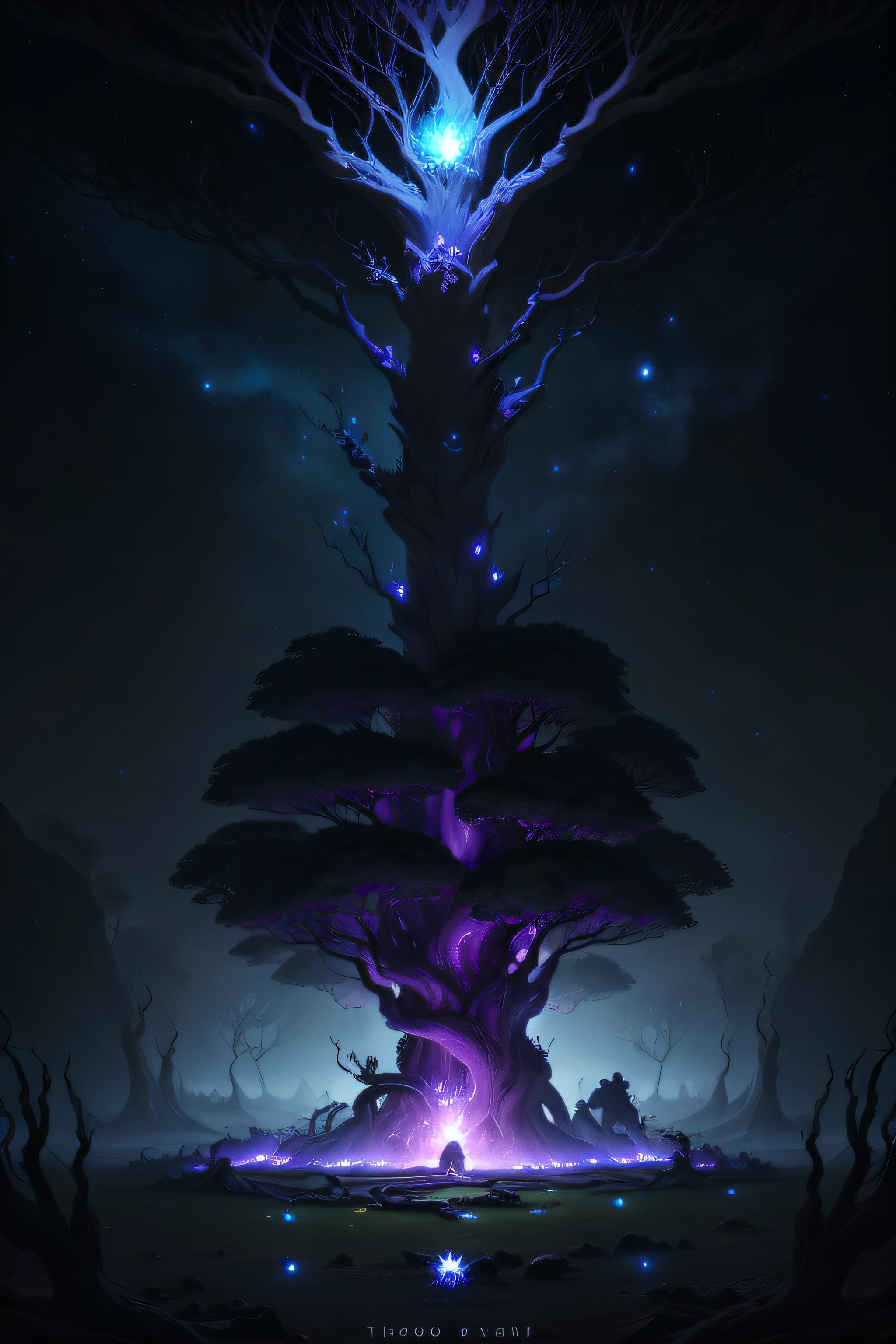 In the depths of the universe,The trunk of a large twisted and strange banyan tree is covered with human faces,The branches shattered, and the void pierced countless Cthuri monsters in the sky,The roots of the tree suppress the heavens and stars,Video rendering,Cthouri monster,kosmos,stars,The void is shattered,black hole